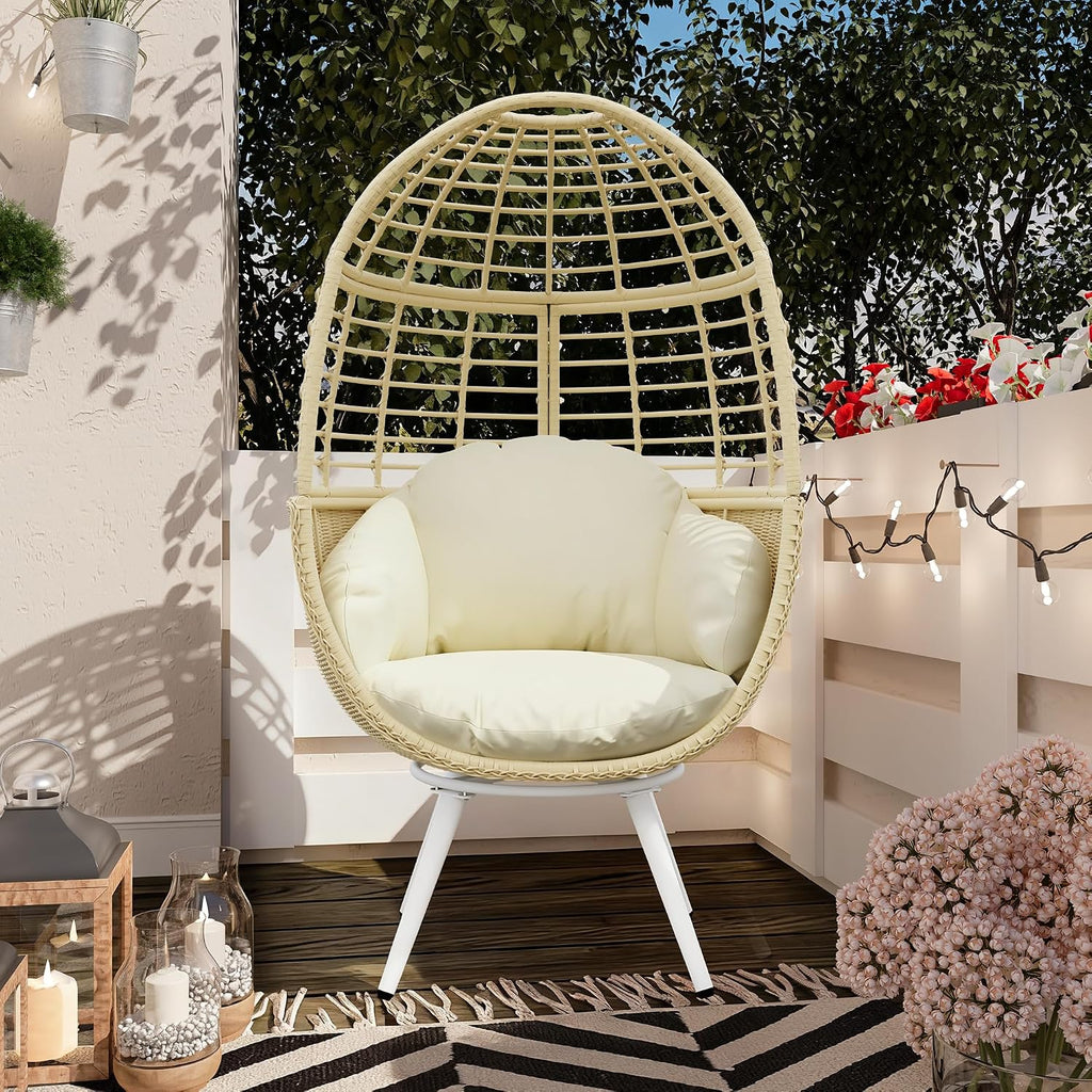TWT Egg Swivel Chair Beige Outdoor - Rattan Wicker Patio Hammock Chair with Metal Frame and UV Resistant Cushion for Indoor Bedroom Balcony (Swivel Base)