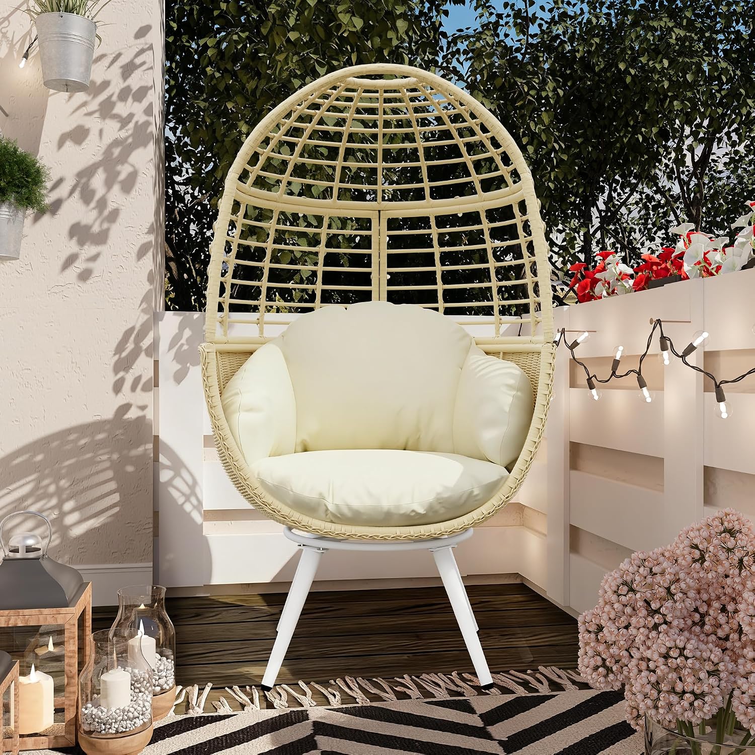 TWT Egg Swivel Chair Beige Outdoor - Rattan Wicker Patio Hammock Chair with Metal Frame and UV Resistant Cushion for Indoor Bedroom Balcony (Swivel Base)