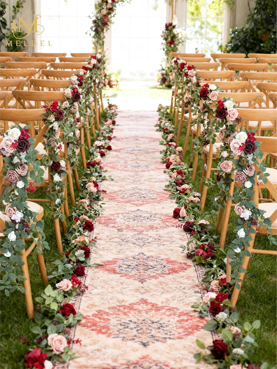 10pcs Wedding Aisle Decorations Chair Floral Swag Artificial Pew Flowers Hanging Garland Burgundy & Pink for Ceremony Reception Church Rose Floral Faux Arrangement Party Outdoor Garden Decor