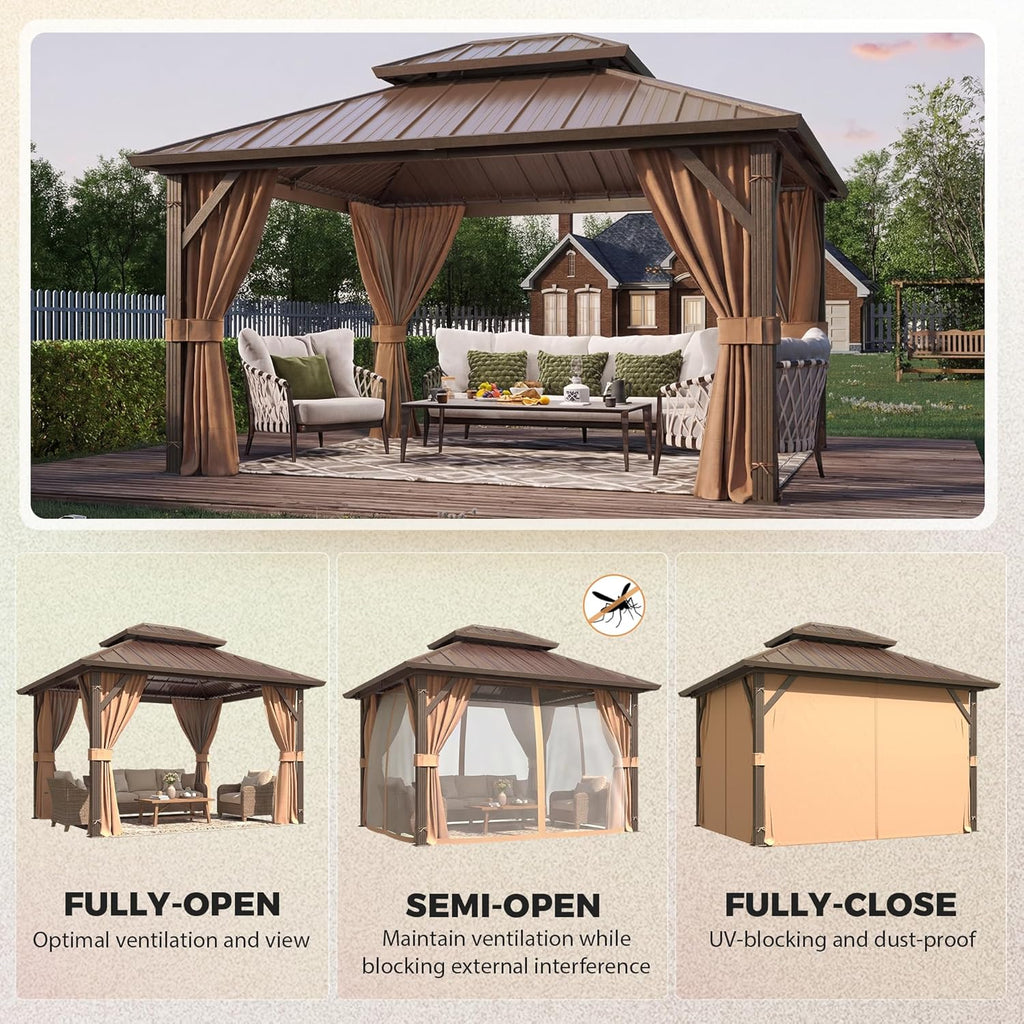 YOLENY 10' x 12' Gazebo Hardtop with Aluminum Frame,Galvanized Steel Double Roof Gazebos with Curtain and Netting,Outdoor Metal Pergolas for Garden, Lawn, Deck, Brown
