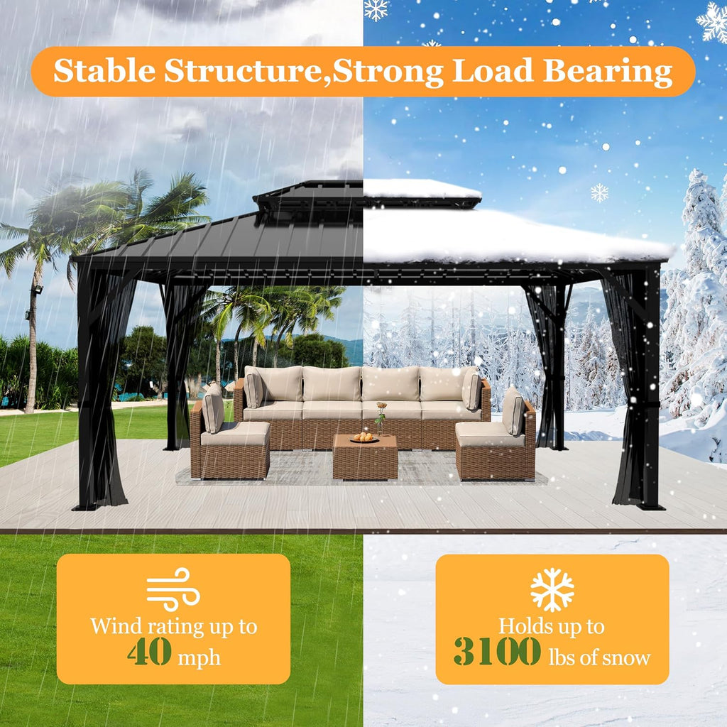 MUPATER 10' X 14' Outdoor Hardtop Gazebo, Permanent Metal Gazebo with Galvanized Steel Double Roof, Patio Pavilion with Netting for Garden, Lawn and Backyard Party, Black
