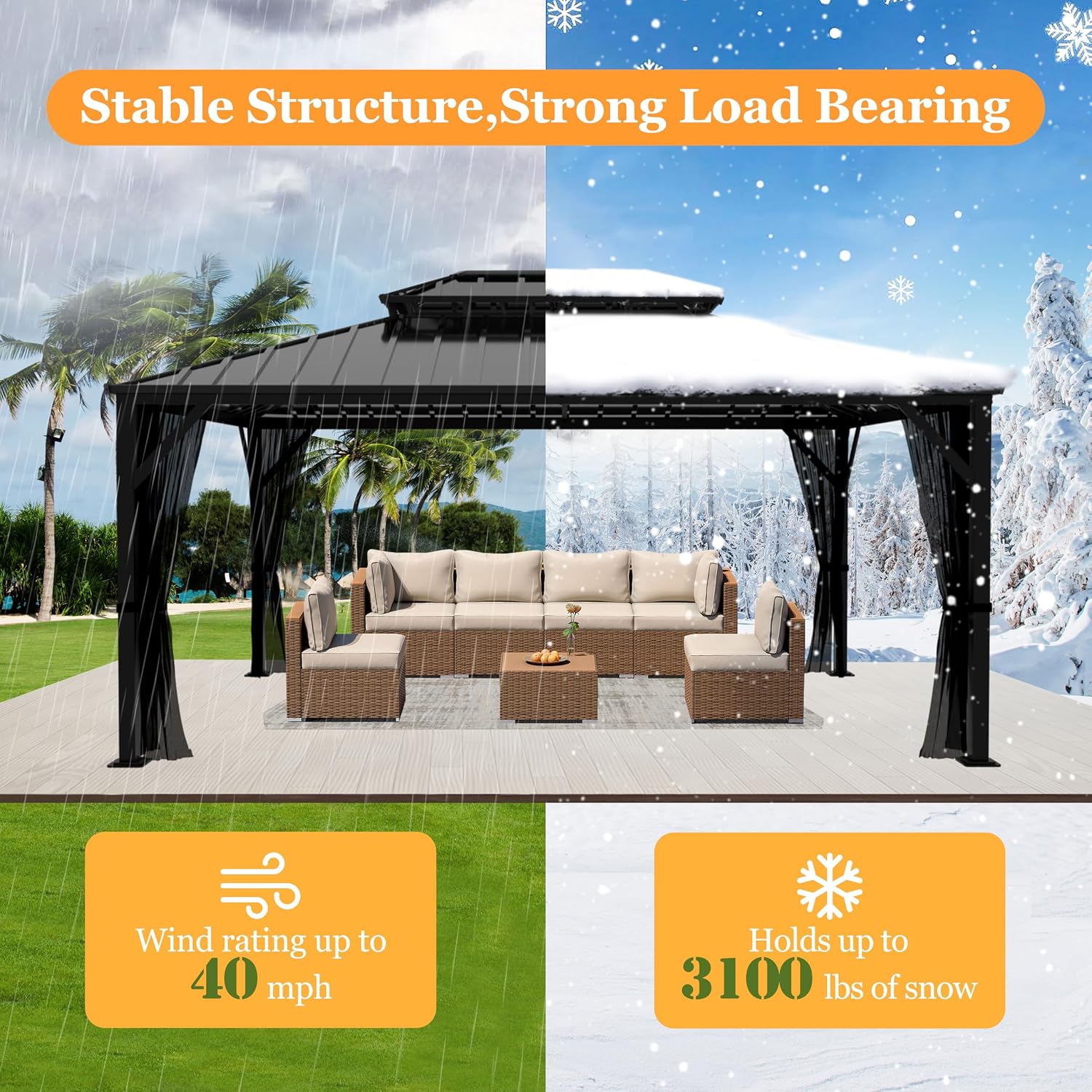 MUPATER 10' X 14' Outdoor Hardtop Gazebo, Permanent Metal Gazebo with Galvanized Steel Double Roof, Patio Pavilion with Netting for Garden, Lawn and Backyard Party, Black
