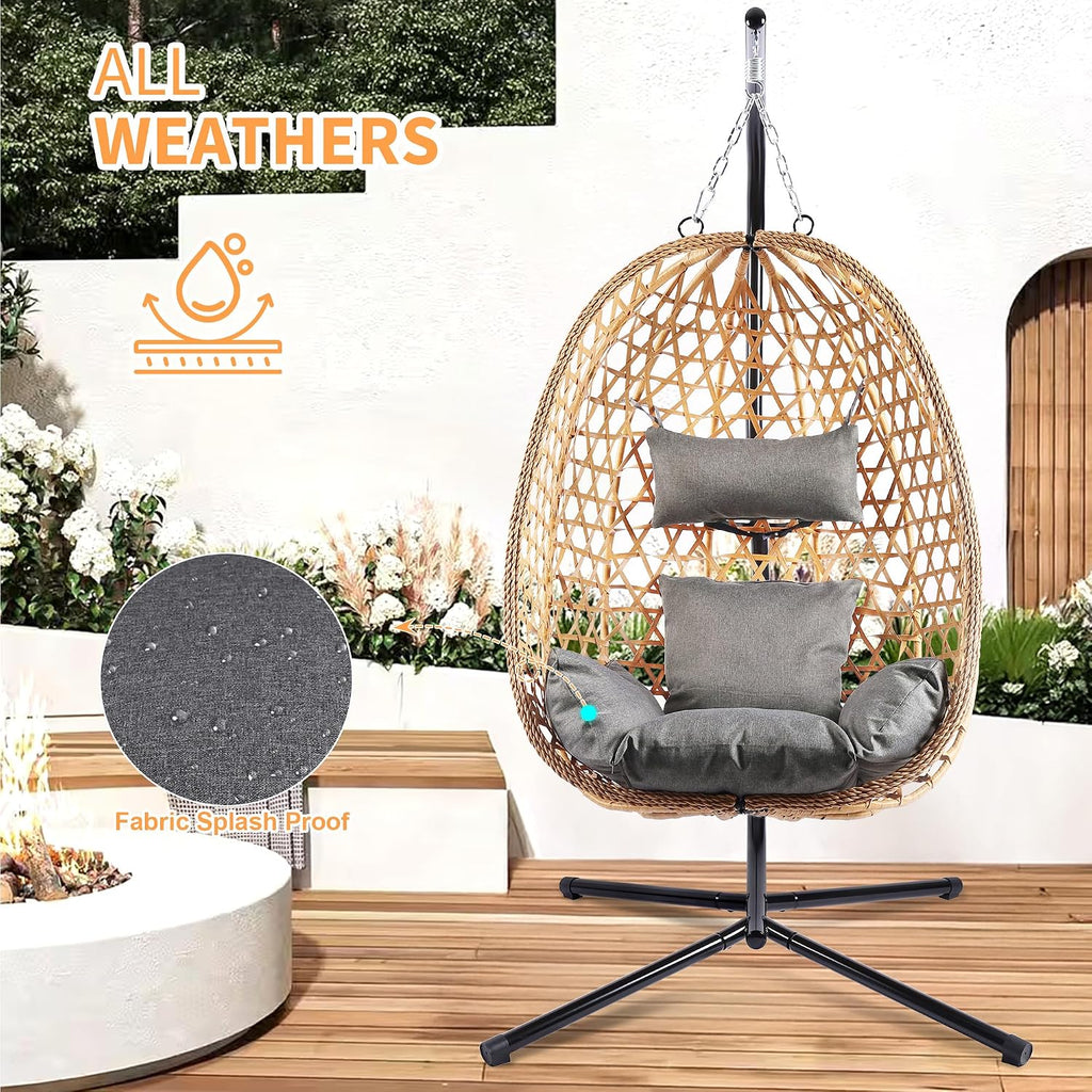 LHBCraft Hanging Egg Chair with Stand, Patio Wicker Swing Chair, Hammock Style with 350LBS Capacity for Bedroom, Balcony, or Garden (Yellow-Grey)
