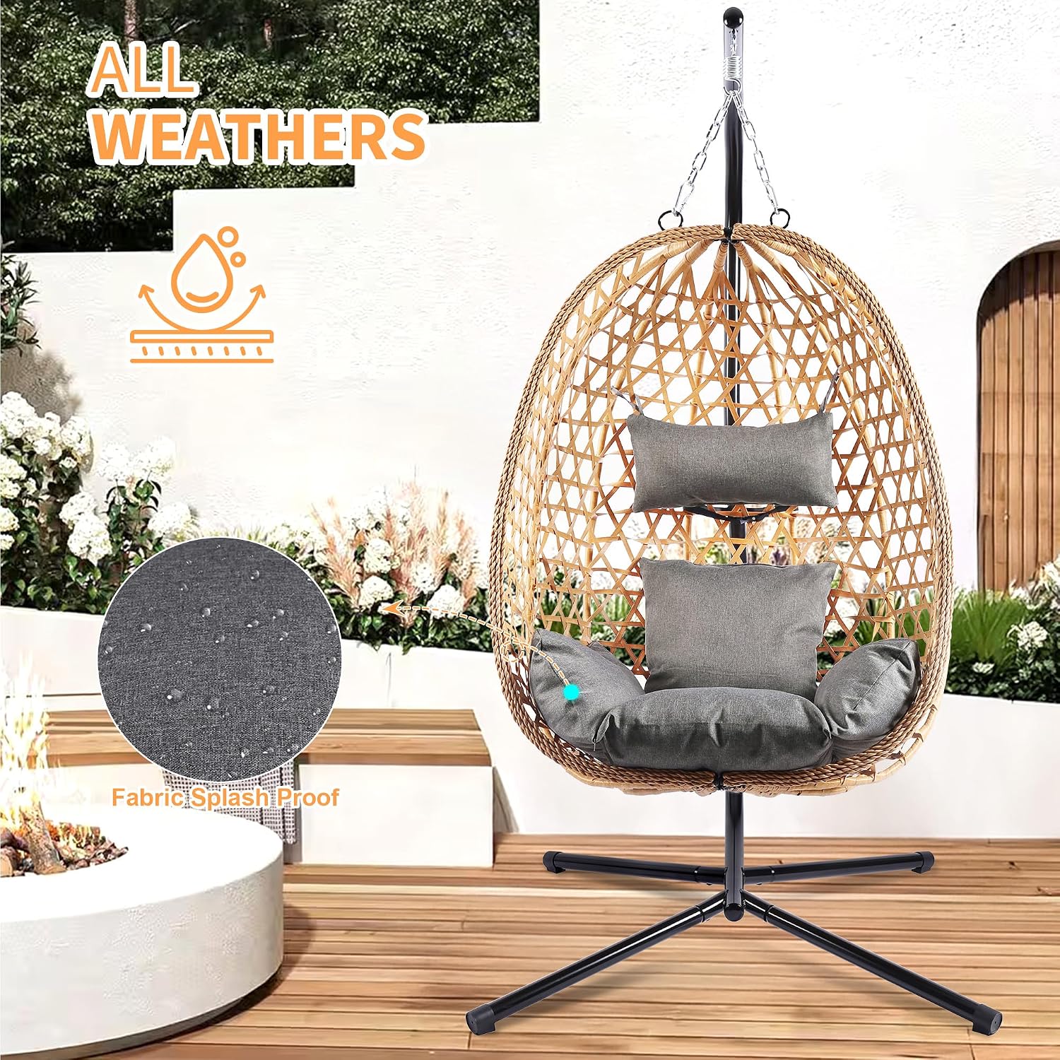 LHBCraft Hanging Egg Chair with Stand, Patio Wicker Swing Chair, Hammock Style with 350LBS Capacity for Bedroom, Balcony, or Garden (Yellow-Grey)