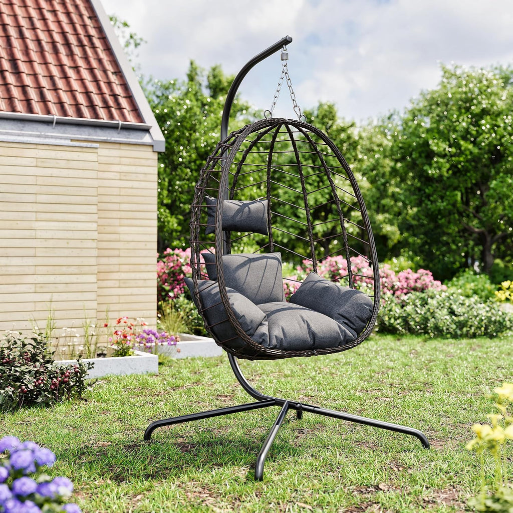 LEX CRAFT Egg Chair with Stand, Patio Wicker Hanging Chair, Hammock Swing Chair, 350LBS Capacity for Bedroom, Balcony, Garden(BR-GR)