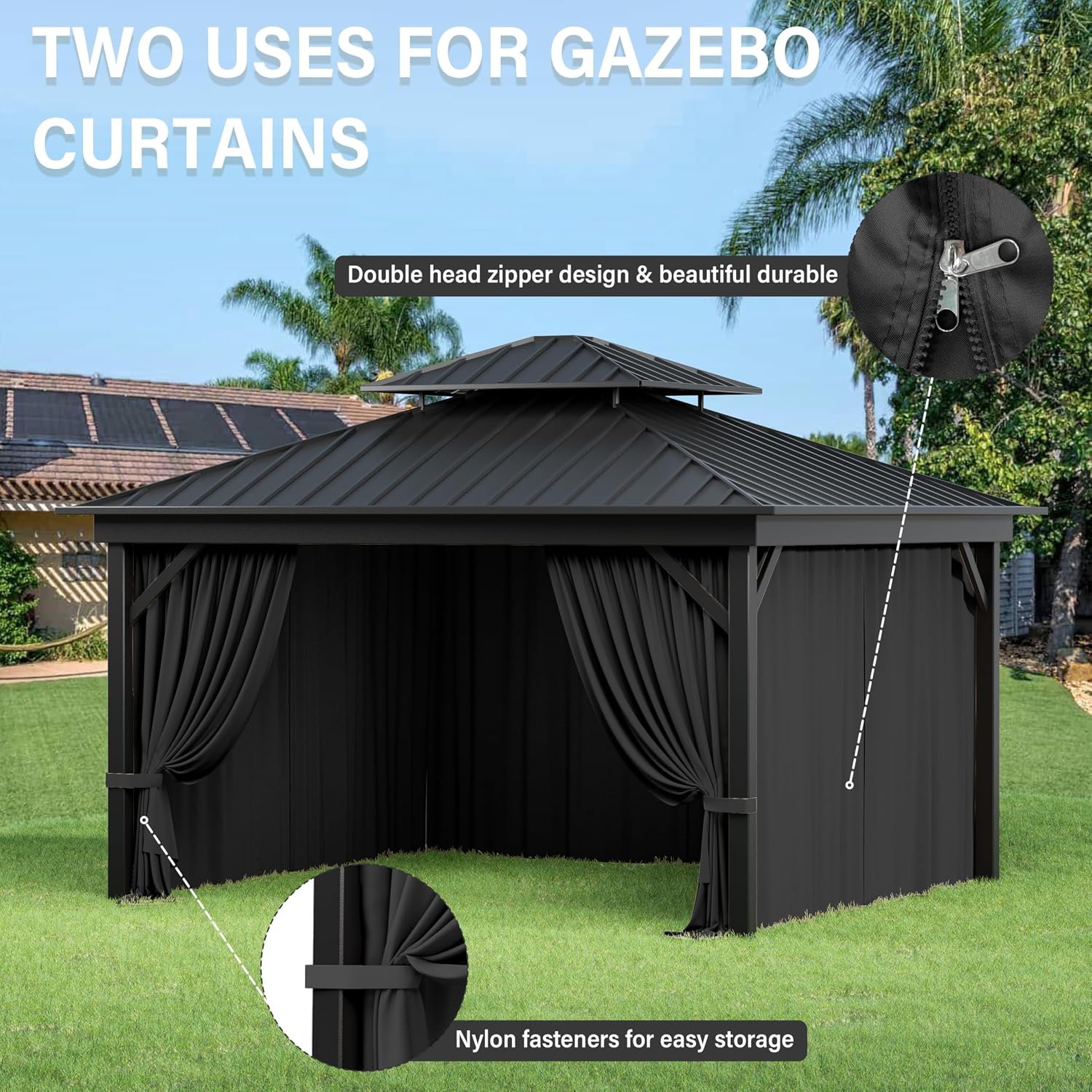 Outdoor Gazebo Curtain Replacement Universal 4-Panel Sidewalls 10' X 12',Outdoor Patio Waterproof Privacy Curtain with Double Zipper for Patio,Garden, and Backyard (Curtain Only)