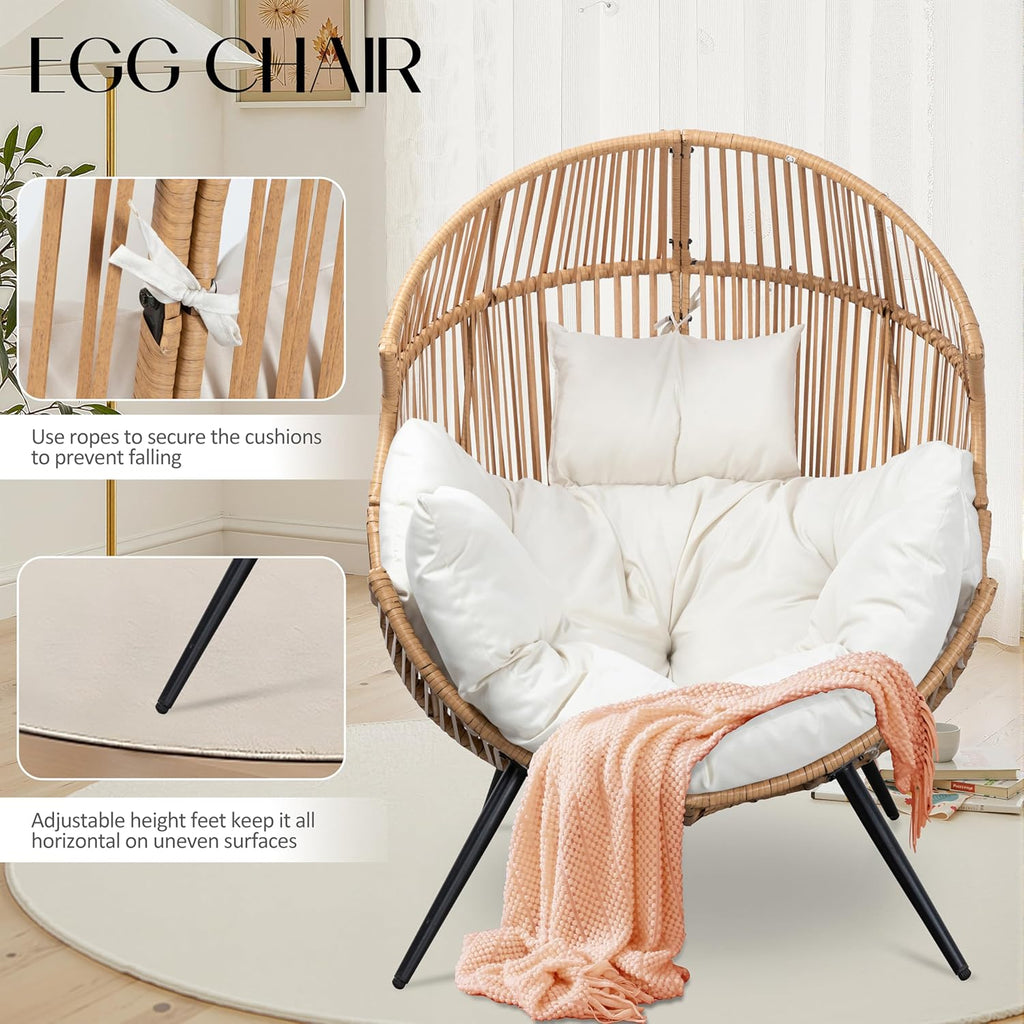 JAMFLY Egg Chair Wicker Outdoor Chairs, Oversized Patio Chair Oversized Lounger Chair with Cushion for Indoor Living Room, Bedroom, Outside Patio Backyard Balcony, Creamy White