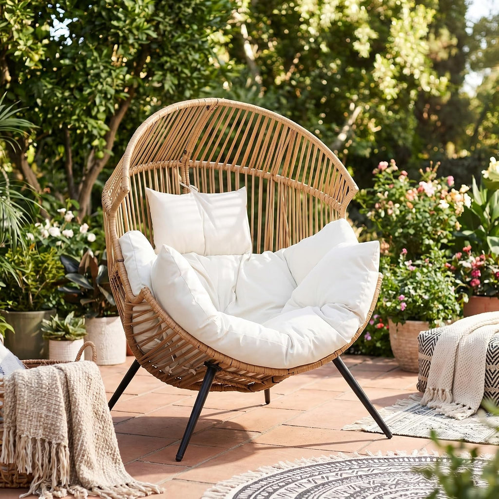 JAMFLY Egg Chair Wicker Outdoor Chairs, Oversized Patio Chair Oversized Lounger Chair with Cushion for Indoor Living Room, Bedroom, Outside Patio Backyard Balcony, Creamy White
