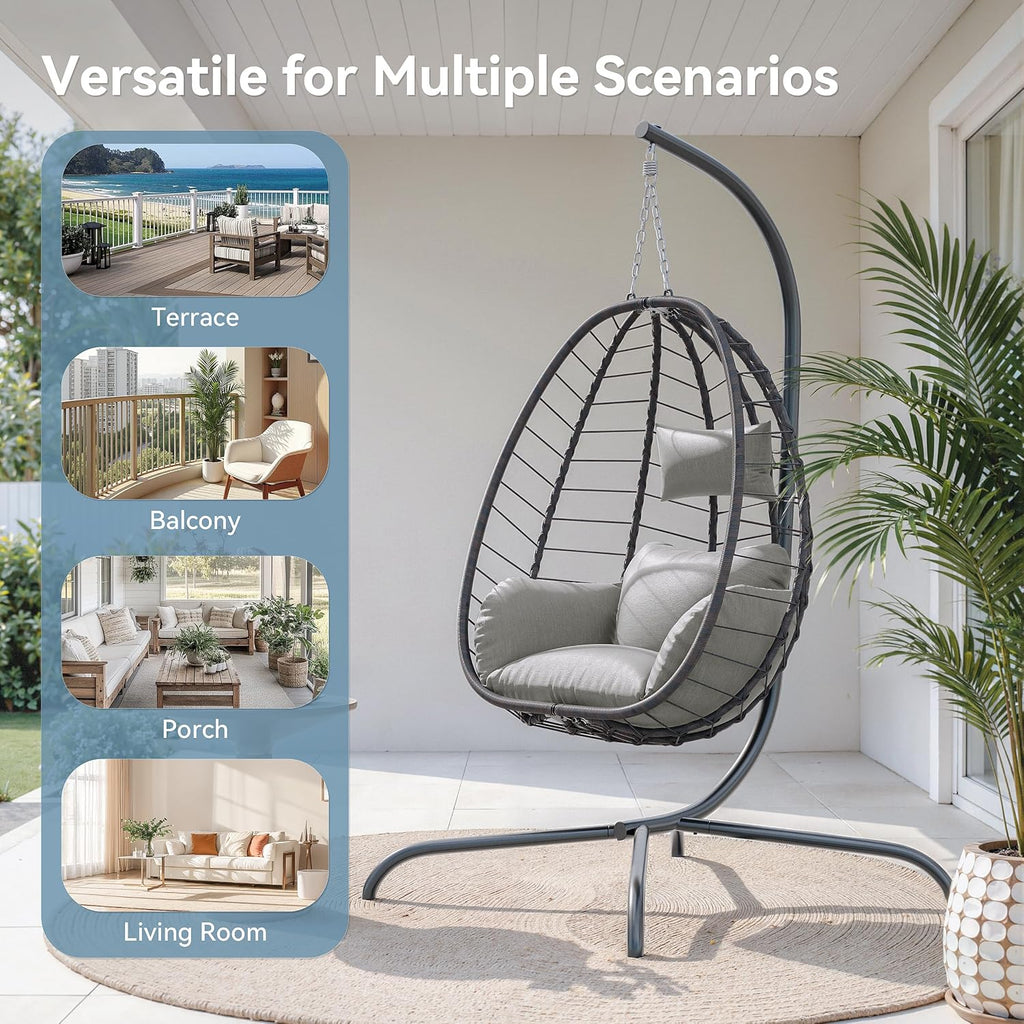 ALAULM Foldable Egg Chair with Stand, 485LBS Capacity Wicker Rattan Hammock Swing Chair for Outdoor & Indoor, Hanging Chair with Strong Frame & UV Resistant Cushion for Balcony, Bedroom, Cream