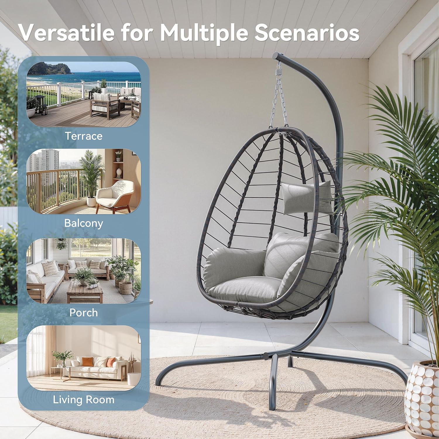 ALAULM Foldable Egg Chair with Stand, 485LBS Capacity Wicker Rattan Hammock Swing Chair for Outdoor & Indoor, Hanging Chair with Strong Frame & UV Resistant Cushion for Balcony, Bedroom, Cream