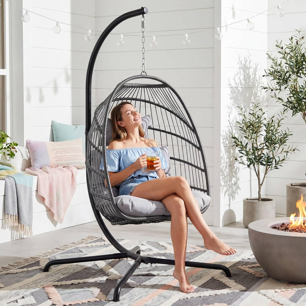 RADIATA Outdoor Patio Egg Chair with Stand and Cover, Compact Foldable Wicker Hanging Hammock Chair with Cushion, 350Lbs Single Person Swing Basket Seat for Indoor Balcony Backyard Porch, Light Grey