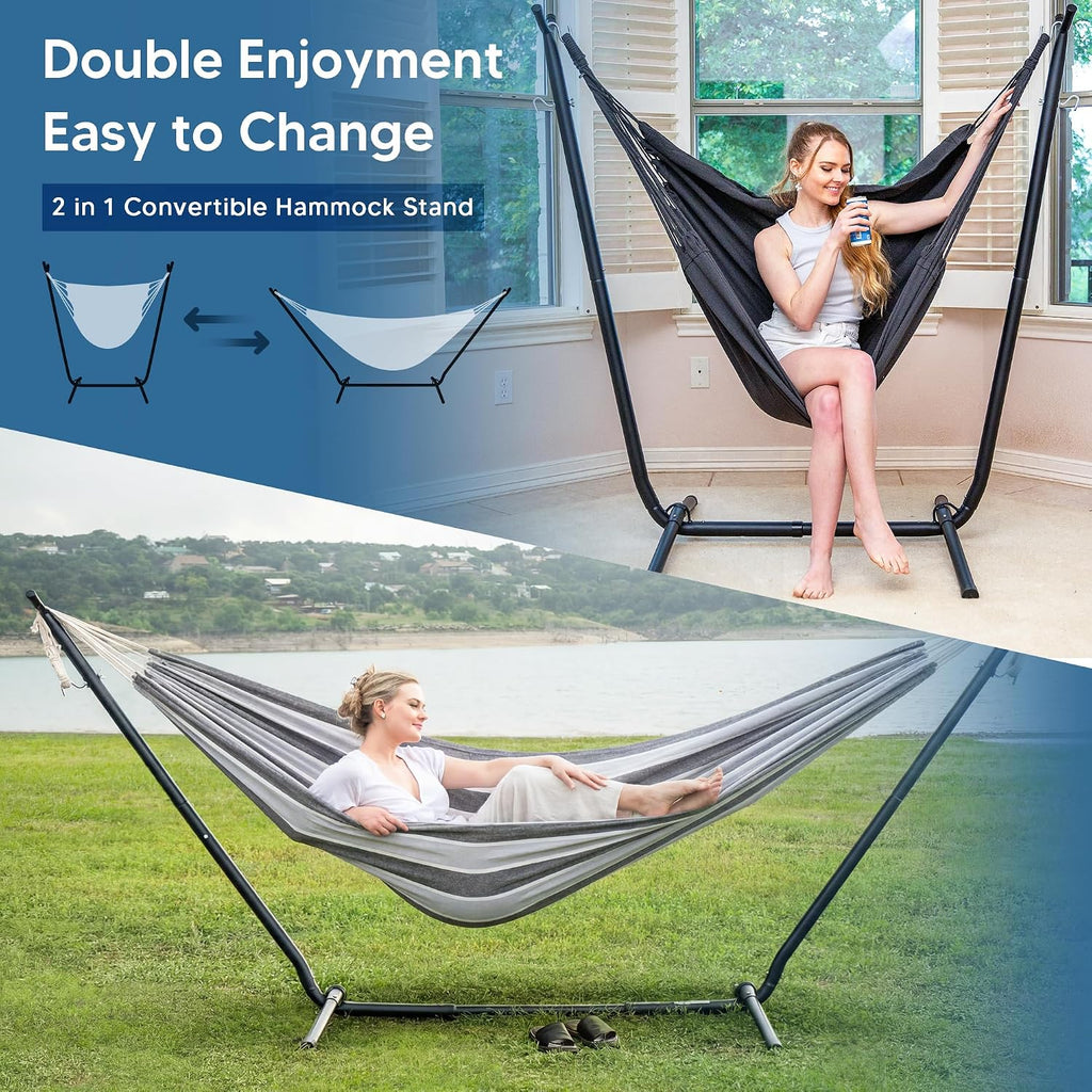 SUNCREAT 2-in-1 Convertible Backyard Fabric Hammock with Stand, Large Hammocks for Outside, Light Gray & Dark Gray