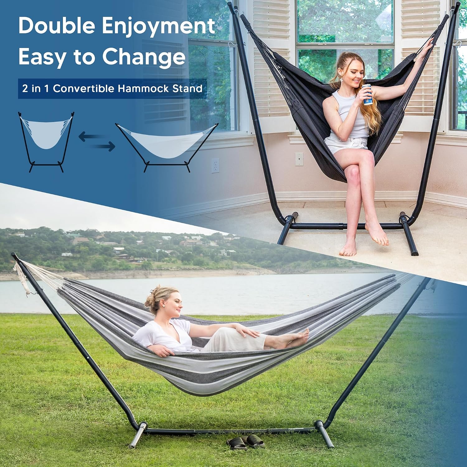 SUNCREAT 2-in-1 Convertible Backyard Fabric Hammock with Stand, Large Hammocks for Outside, Light Gray & Dark Gray