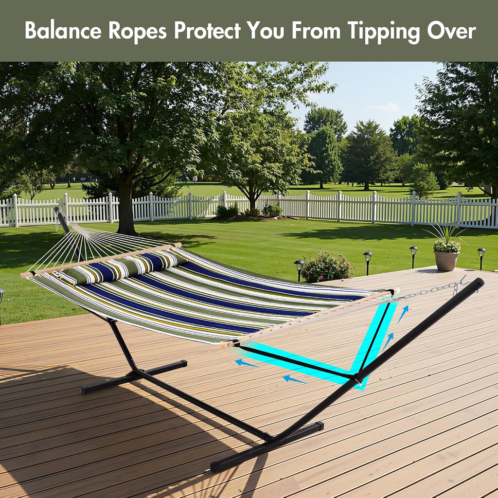 ANOW Double Hammock with Stand 12FT, Heavy Duty Hammocks with Stand for Outside, 450 LBS Weight Capacity, Blue & Green Stripes
