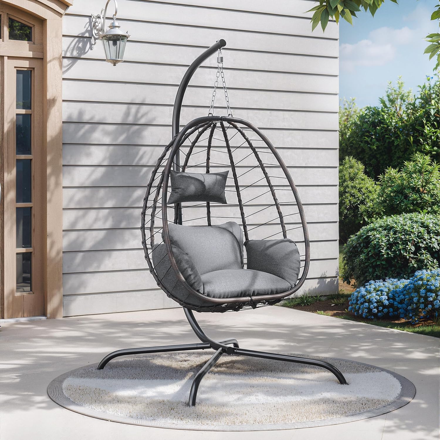 2 Pieces Outdoor Hanging Egg Chair with Stand,Patio Wicker Swing Egg Chair Hammock Chair with UV Resistant Cushion,All-Weather 485lbs Capacity for Bedroom,Balcony,Garden,Grey