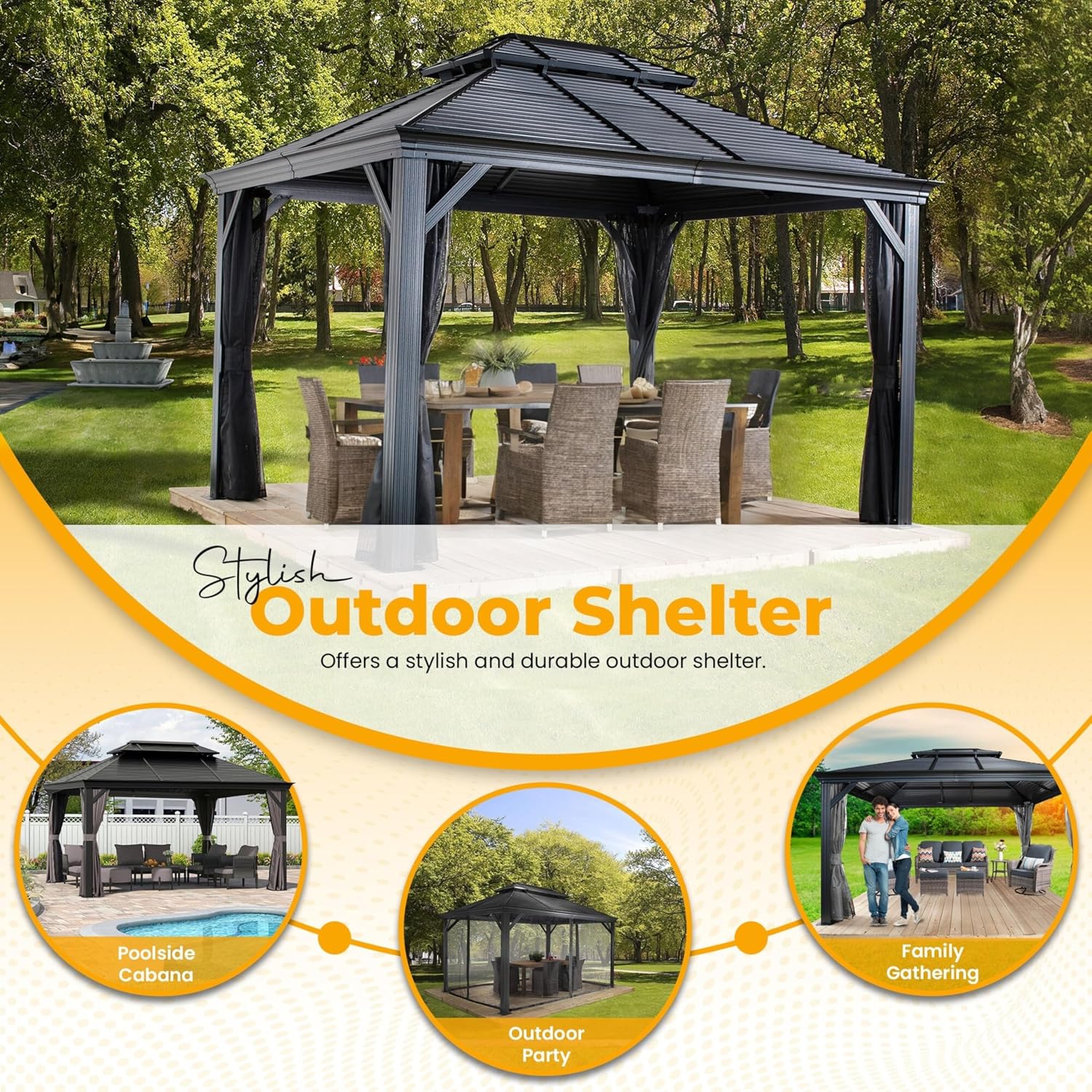 Hardtop Gazebo with Galvanized Steel Double Roof, Rustproof Aluminum Frame, Privacy Netting, and All-Weather Outdoor Shelter, Dark Grey (10x14)