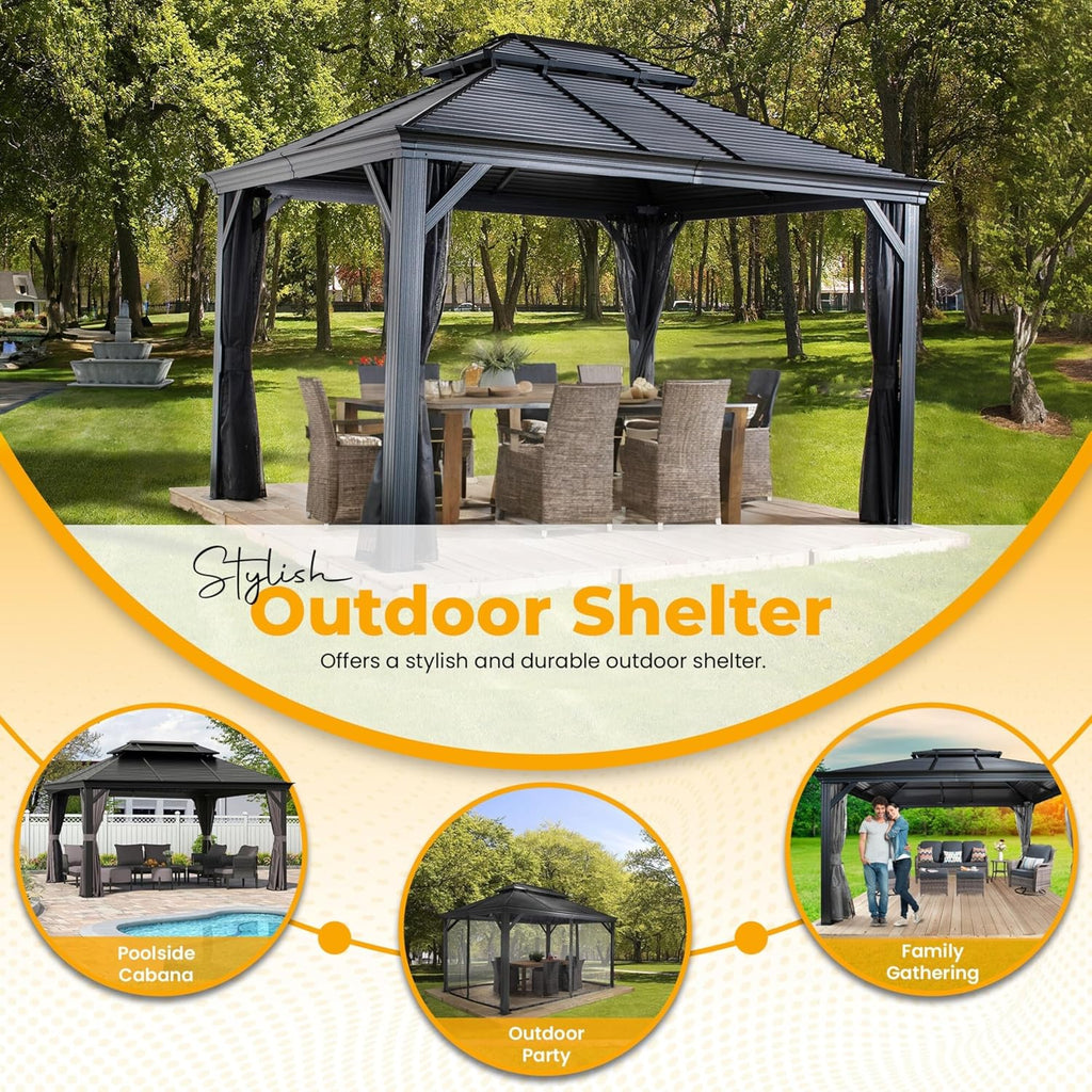 Hardtop Gazebo with Galvanized Steel Double Roof, Rustproof Aluminum Frame, Privacy Netting, and All-Weather Outdoor Shelter, Dark Grey (12x16)