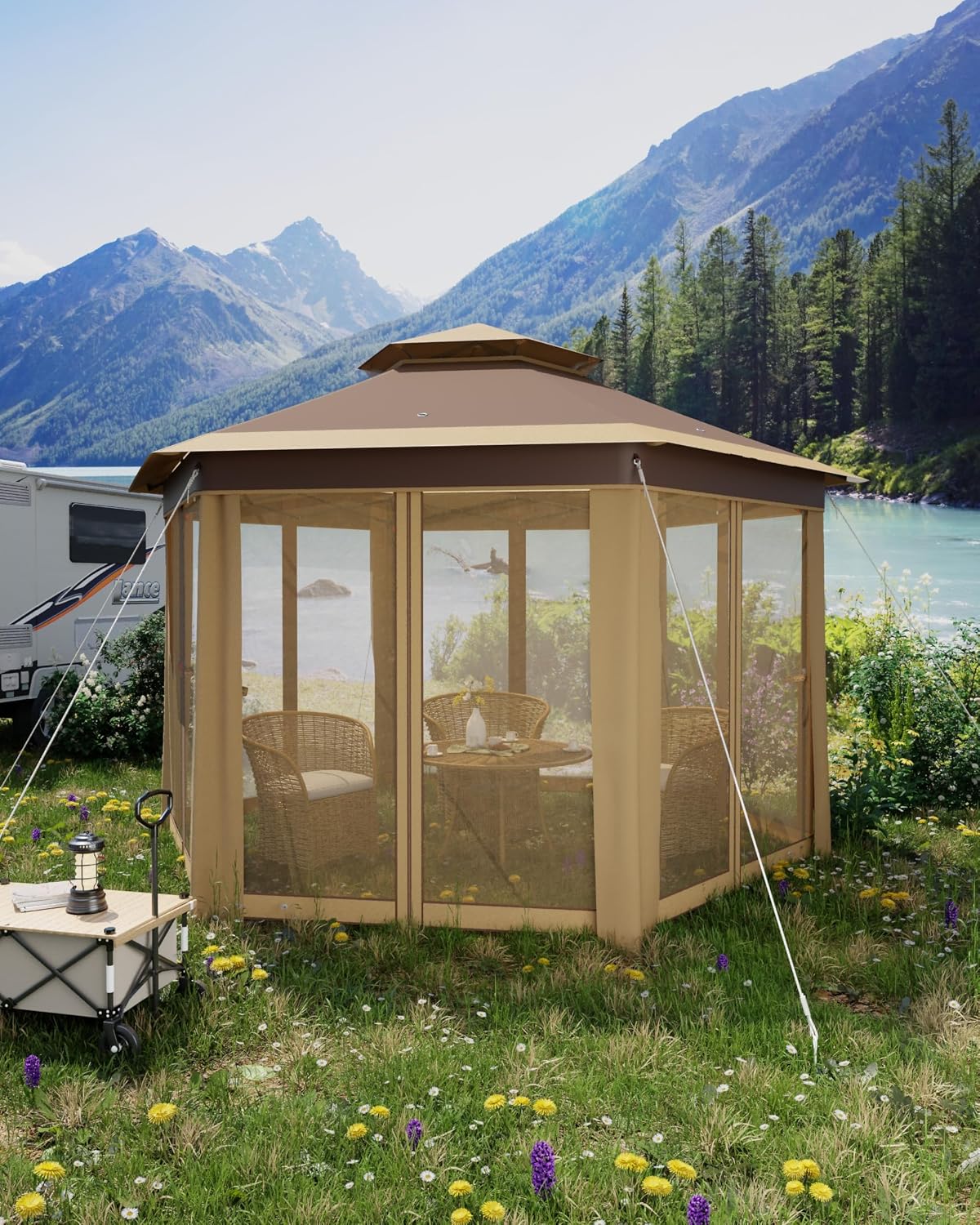 Hipicute 13 x 13 Ft Pop Up Hexagonal Gazebo, Outdoor Canopy Shelter, Pop up Gazebos Tent with Netting and Strong Steel Frame for Patio Lawn Backyard and Deck - Khaki