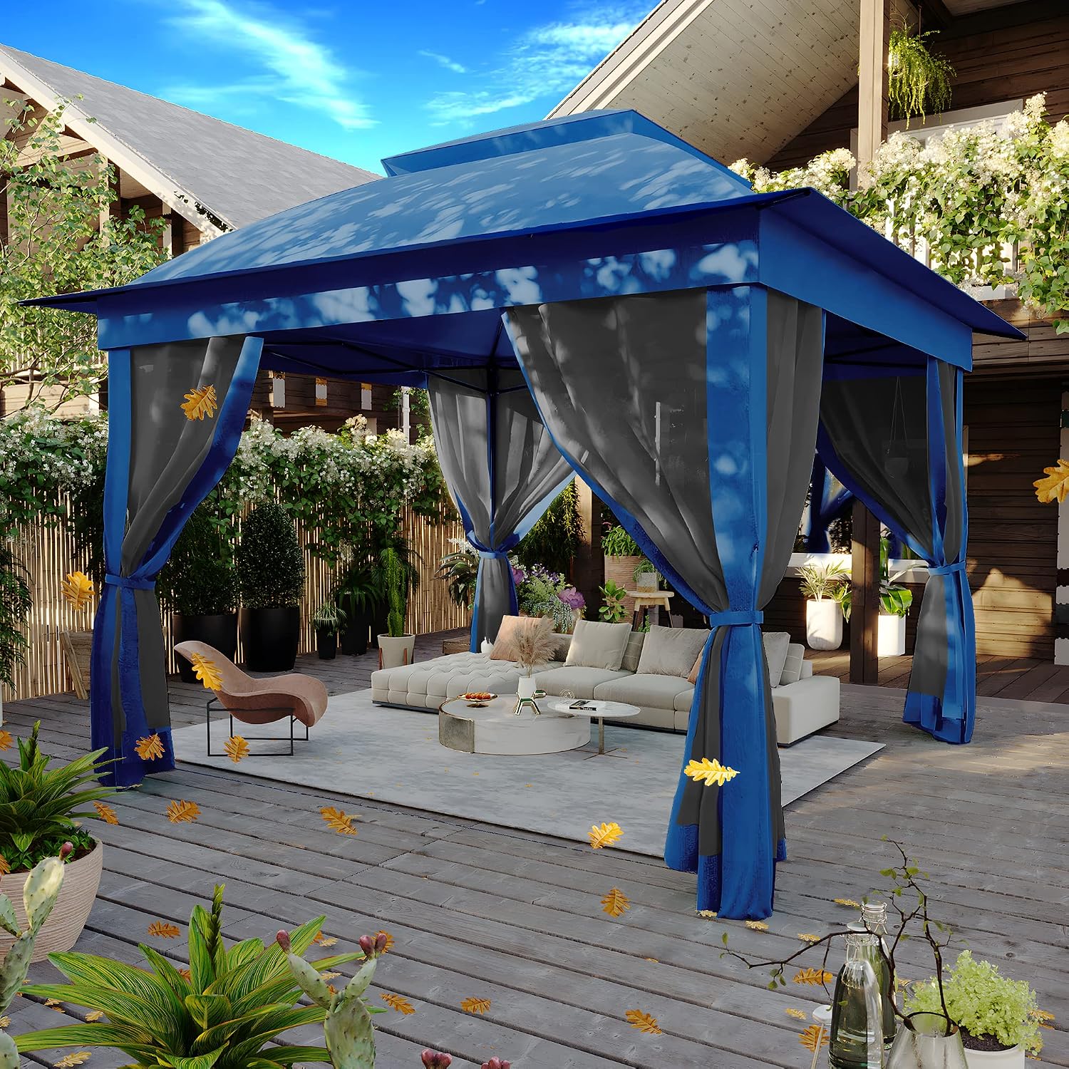 11'x11' Pop Up Gazebo for Patios Canopy Tent with Sidewalls Outdoor Gazebo with Mosquito Netting Pop Up Canopy Shelter Wedding Tent (Dark Blue)