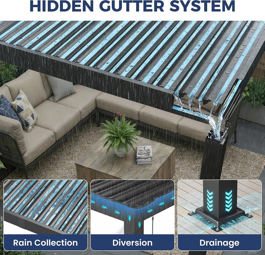 Louvered Pergola 10'x12', Full Metal Outdoor Pergola with Adjustable Proof and Gutter System, Metal Hardtop Gazebo for Patio, Deck, Garden, Yard, Dark Gray