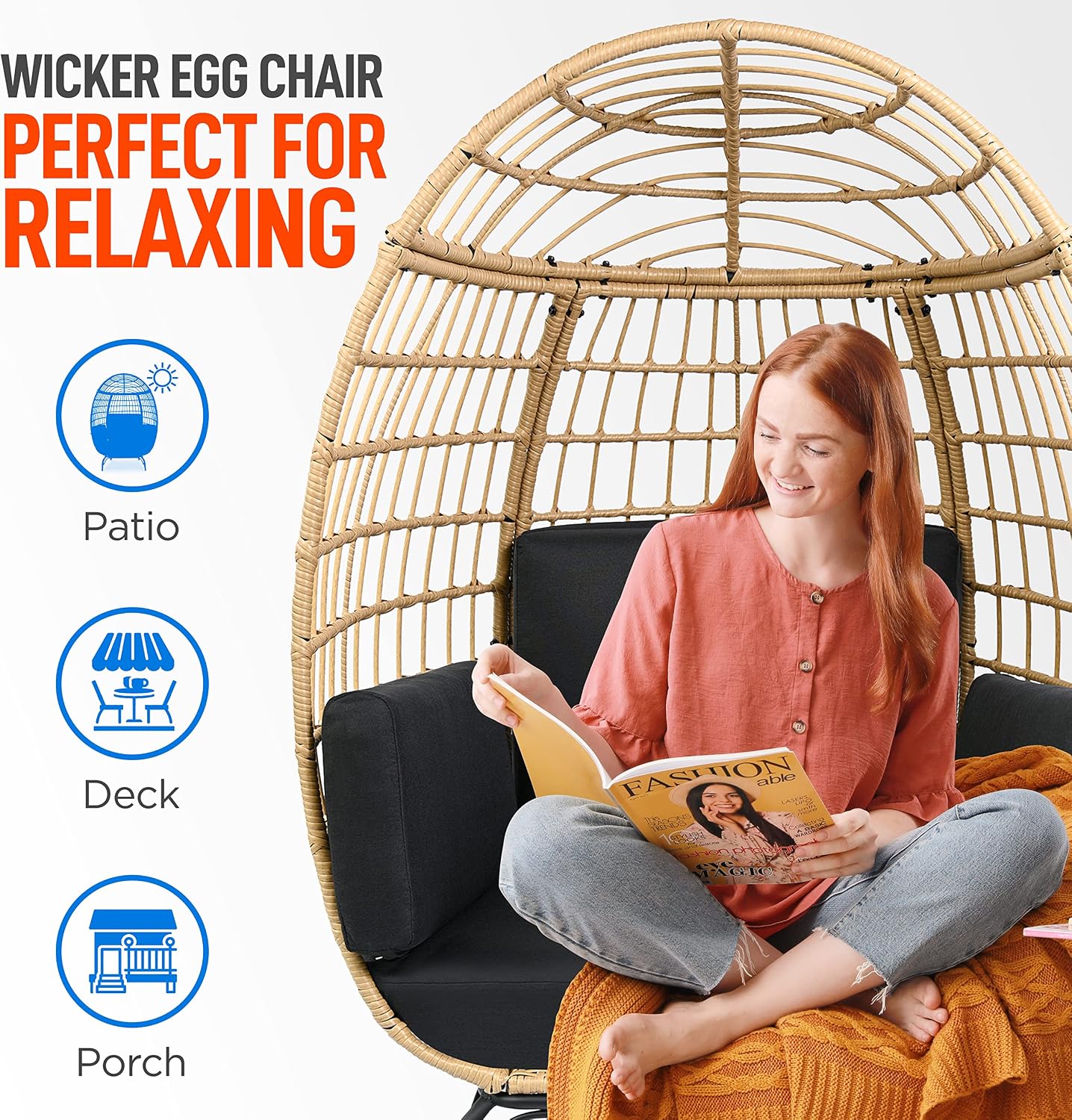 SereneLife Wicker Rattan Egg Chair with Cushions, Indoor Outdoor Egg Chair with Steel Frame and Washable Pillows, Woven Texture, Comfortable Design for Porch, Deck, Garden, or Room, Holds Up to 440lbs