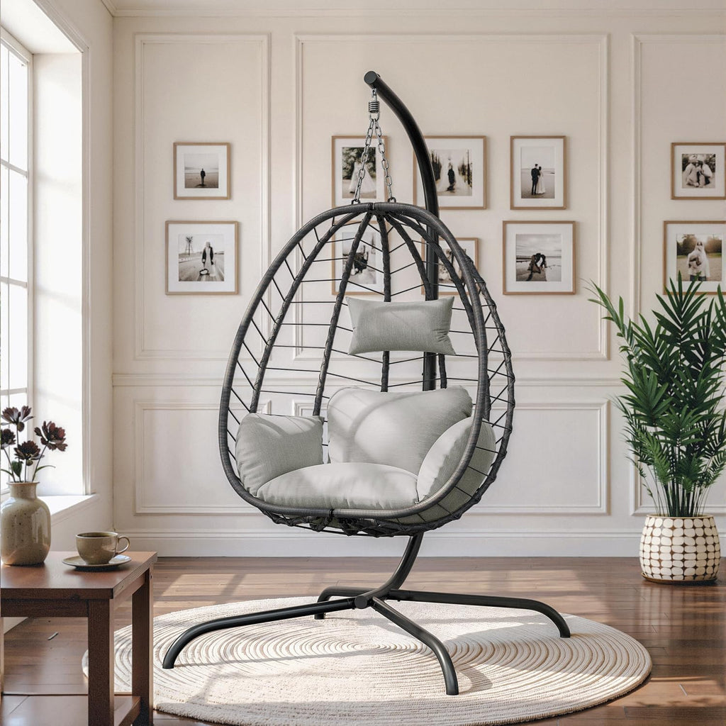 ALAULM Foldable Egg Chair with Stand, 485LBS Capacity Wicker Rattan Hammock Swing Chair for Outdoor & Indoor, Hanging Chair with Strong Frame & UV Resistant Cushion for Balcony, Bedroom, Cream