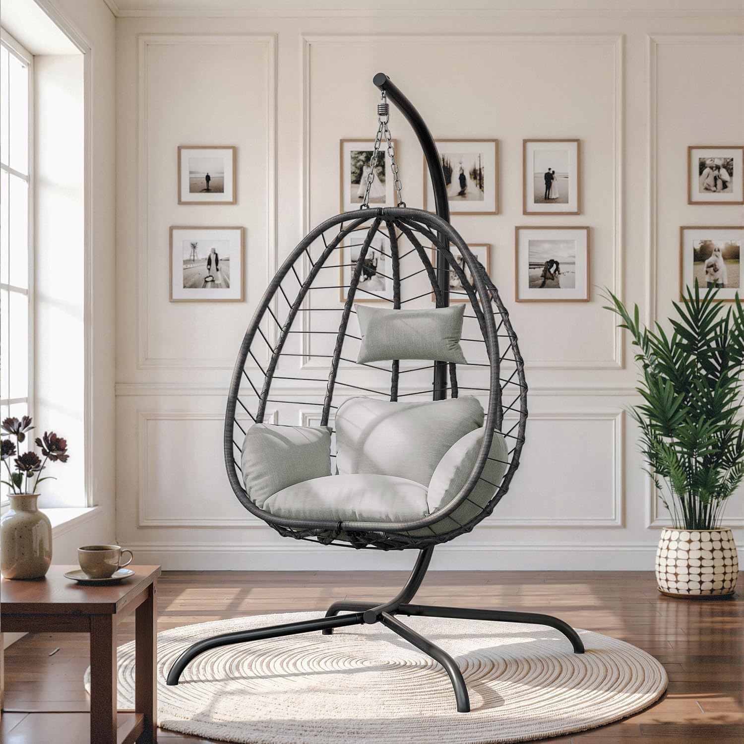ALAULM Foldable Egg Chair with Stand, 485LBS Capacity Wicker Rattan Hammock Swing Chair for Outdoor & Indoor, Hanging Chair with Strong Frame & UV Resistant Cushion for Balcony, Bedroom, Cream