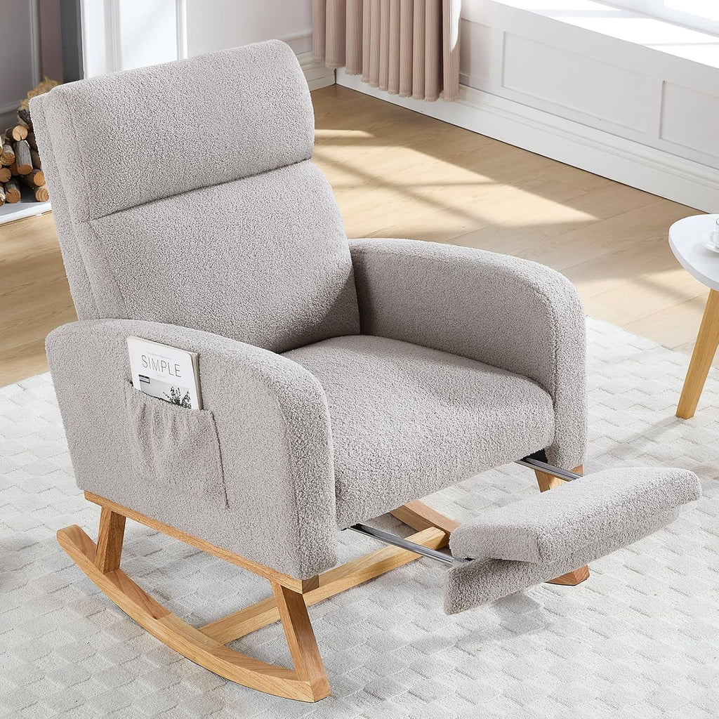 HCHAIRH Rocking Chair Nursery with Foot Rest, Teddy Nursing Rocking Chairs for Mom Nursery, Rocker Glider Chair with Footrest for Living Room, Bedroom, Light Gray