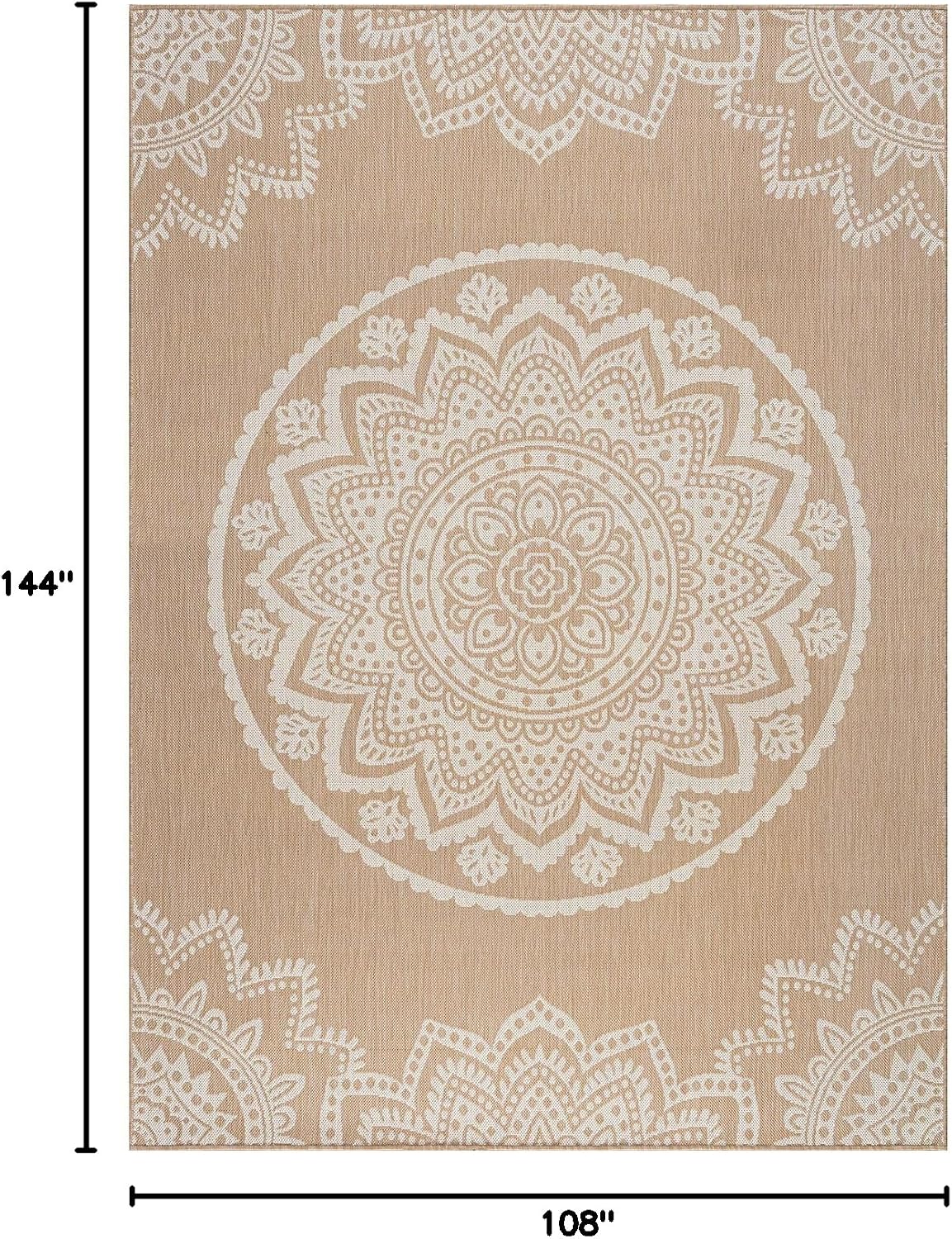 CAMILSON Outdoor Rug 9x12 Modern Area Rugs for Large Indoor and Outdoor Patios and Porches - Waterproof Washable Non-Shedding Easy-to-Clean Outside Carpet (9 x 12, Medallion - Beige/White)