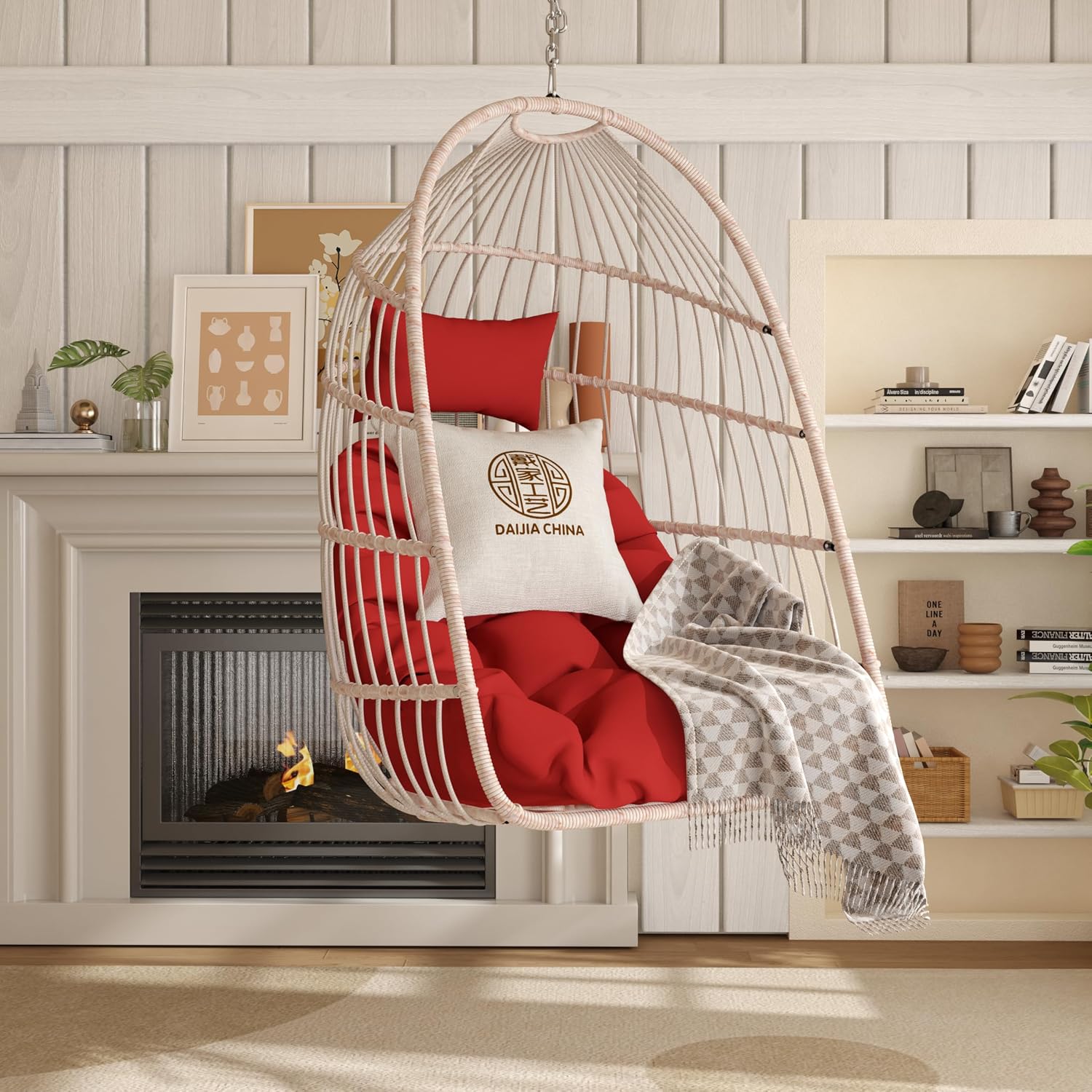 KEIKI Swing Egg Chair Without Stand, Foldable Patio Rattan Wicker Hammock Egg Chair with Cushion, Outdoor Indoor Hanging Basket Chair, 270LBS Capacity for Porch, Garden, Bedroom, Balcony, Red