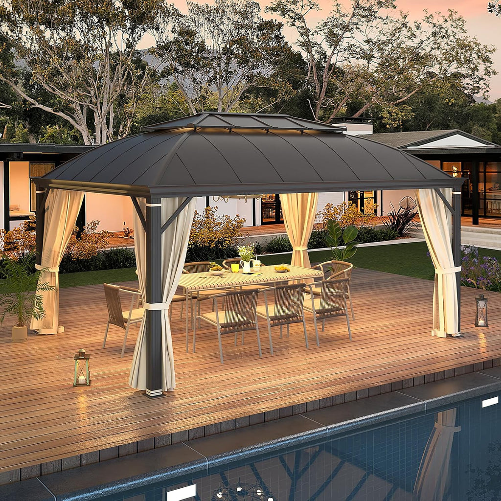 YOLENY 12'x16' Hardtop Gazebo, Permanent Outdoor Aluminum Patio Gazebo with Aluminum Composite Double Arc Roof for Patio Lawn and Garden, Curtains and Netting Included