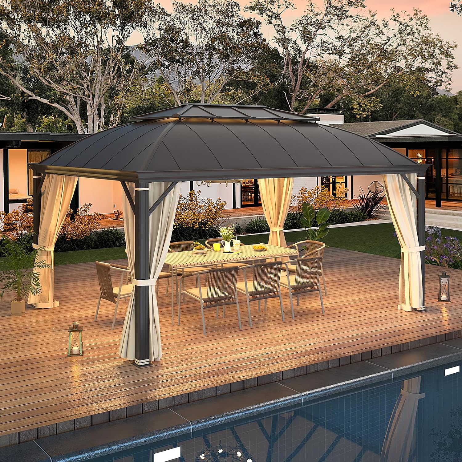 YOLENY 12'x16' Hardtop Gazebo, Permanent Outdoor Aluminum Patio Gazebo with Aluminum Composite Double Arc Roof for Patio Lawn and Garden, Curtains and Netting Included