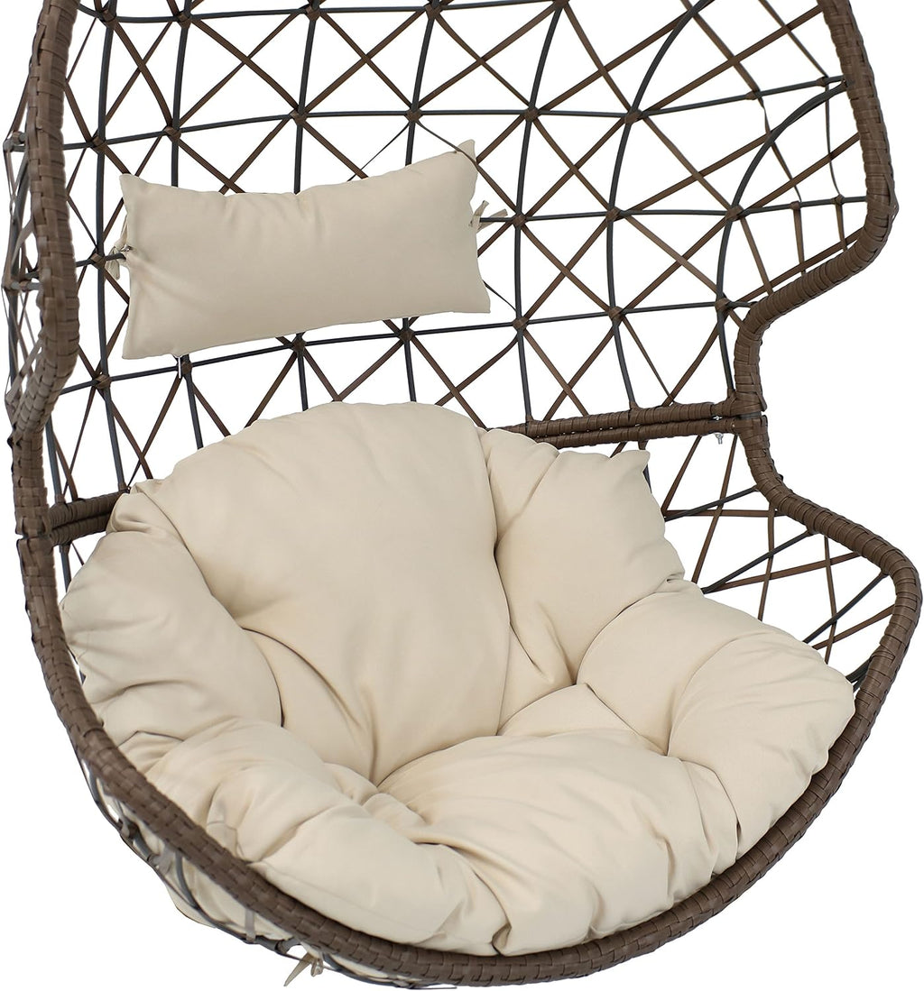 Sunnydaze Danielle Hanging Egg Chair - Resin Wicker Basket Design - Outdoor Use - Includes Beige Cushion