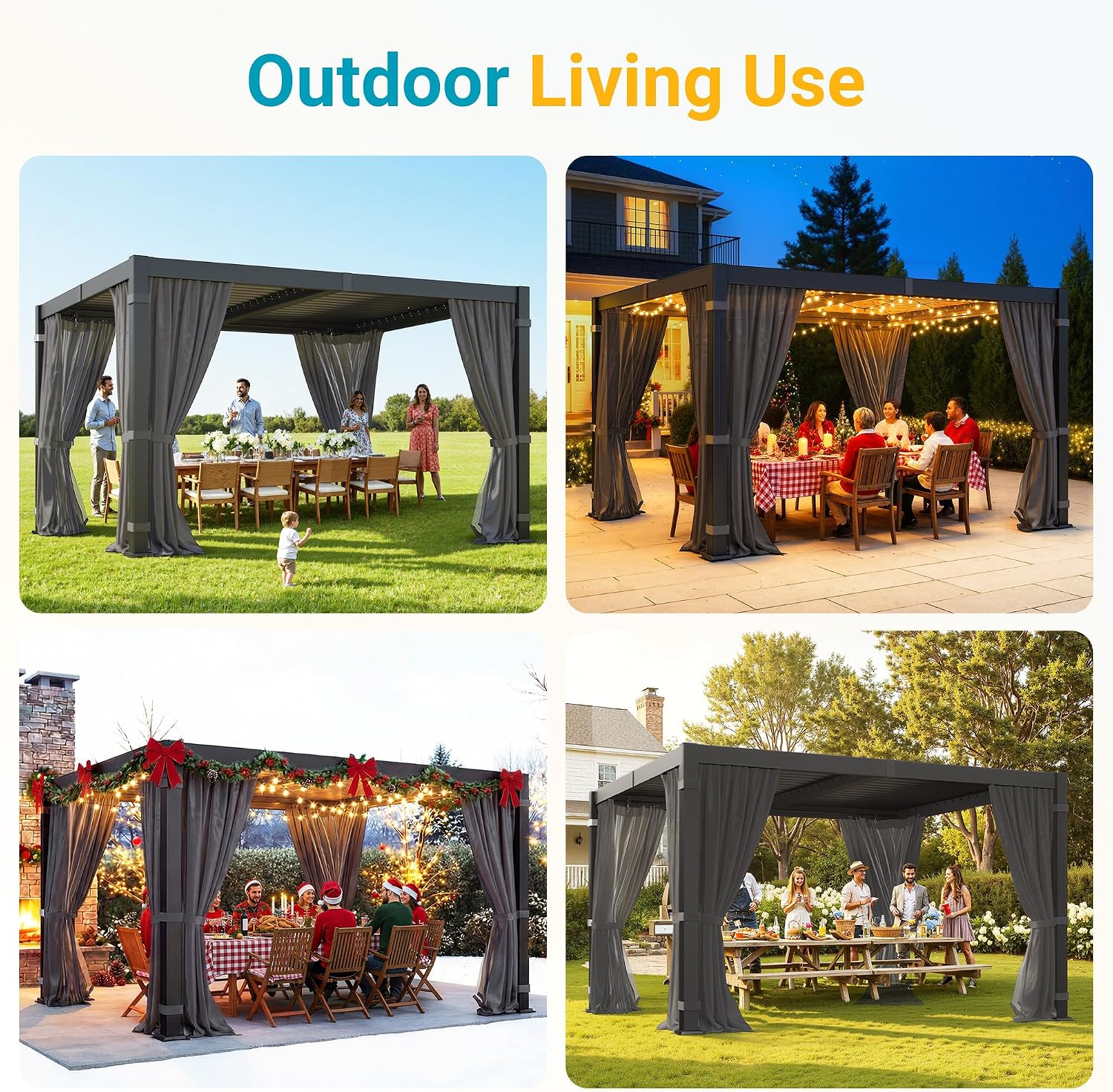 10' x 12' Louvered Pergola, Outdoor Pergola with Curtains & Netting, Metal Patio Pergola with Adjustable Louvers Roof and Gutter System, Metal Hardtop Gazebo for Patio, Deck, Garden, Yard, Dark Gray