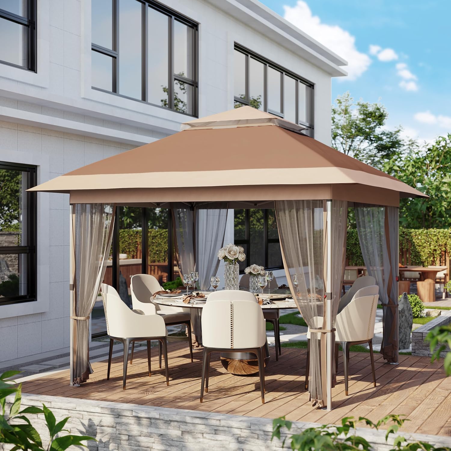 GarveeLife 10x10 Canopy Tent, Pop Up Gazebo Tent with Mosquito Netting, Outdoor Canopy with 4 Sandbags & Wheeled Bag & Height Adjustable, Pop Up Gazebo for Patio Garden Backyard Lawn Deck