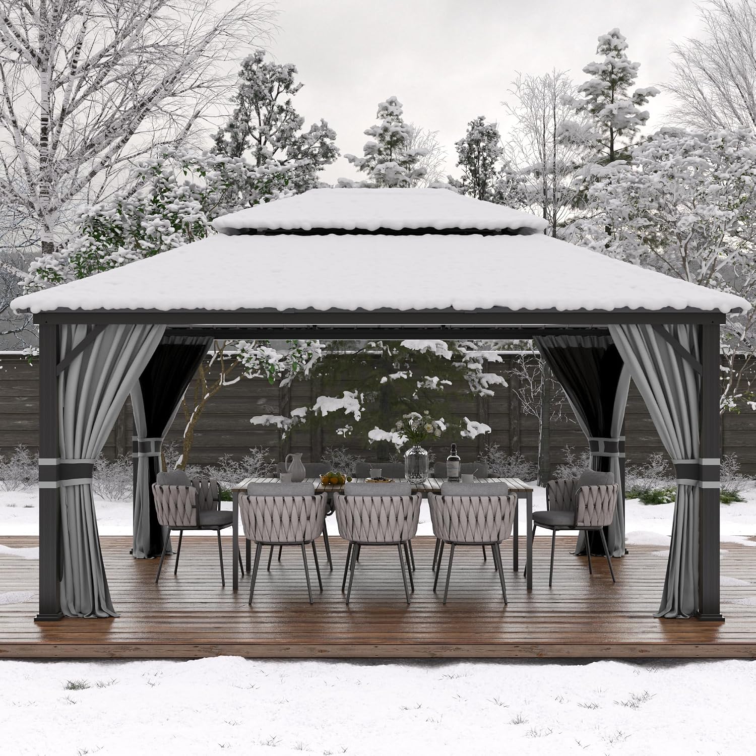 Amopatio 12' X 16' Permanent Hardtop Gazebo Aluminum Gazebo with Double Galvanized Steel Roof, Curtains and Netting Included,Outdoor Metal Pergola for Patios, Garden, Parties, Lawns