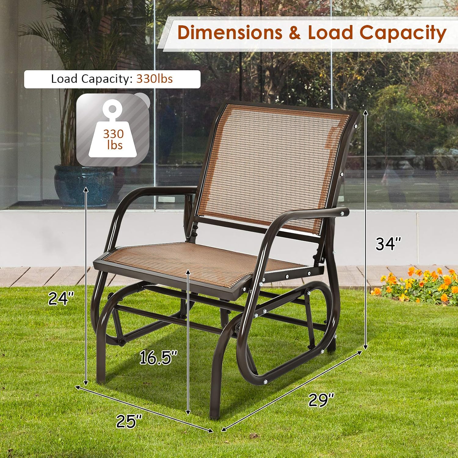 Giantex Swing Glider Chair W/Study Metal Frame Comfortable Patio Chair Love-Seat for Garden, Porch, Backyard, Poolside, Lawn Outdoor Rocking Chair (2, Brown)