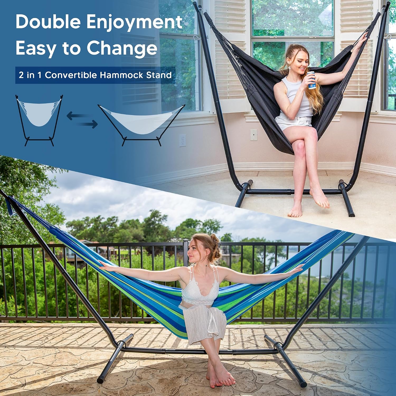 SUNCREAT 2-in-1 Hammocks Hammock Chair with Stand, 475 lbs Capacity, Heavy Duty Two Person Hammock with Stand, Patented, Blue Stripe