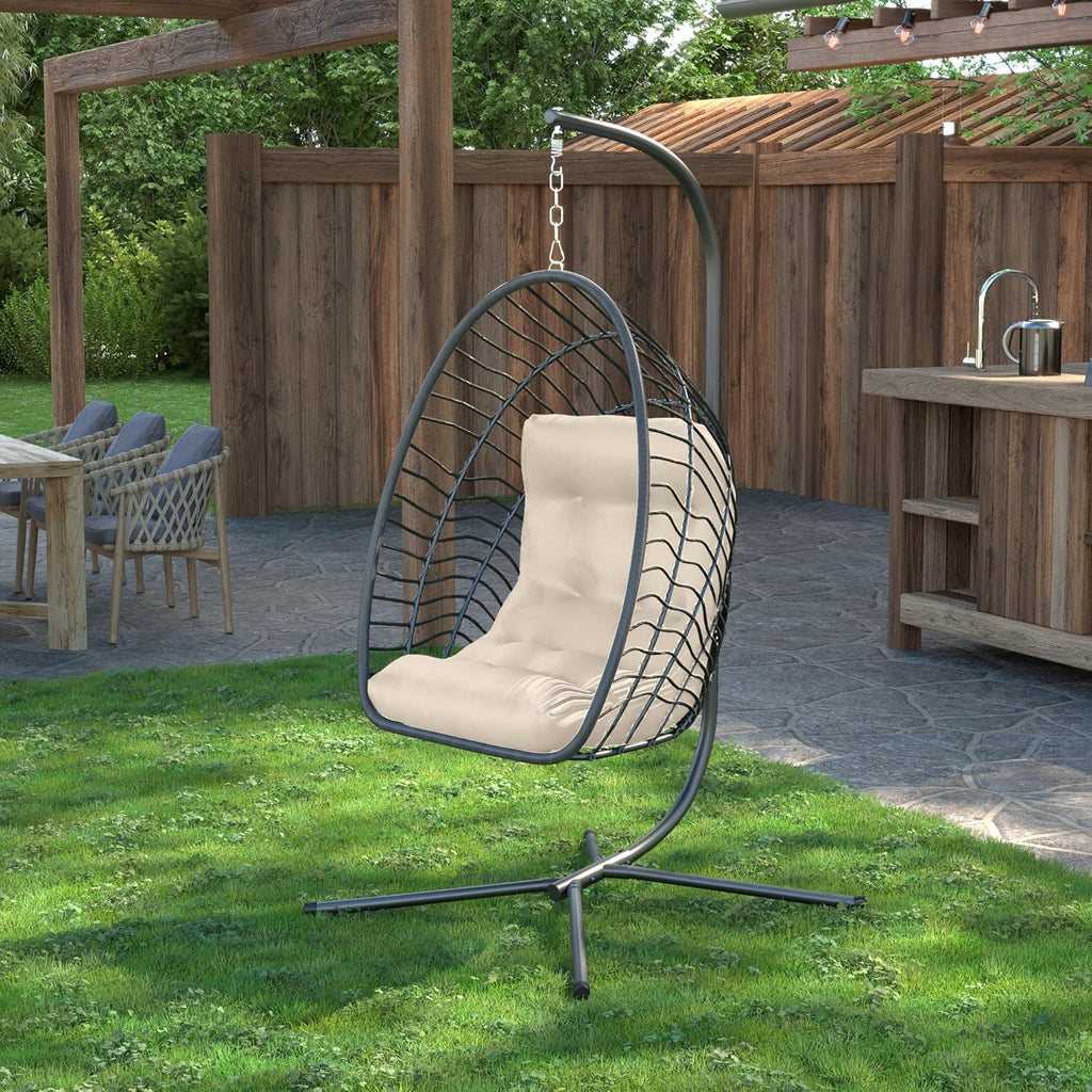 Kingdura Hanging Egg Chair with Stand Indoor Outdoor, Foldable Rattan Wicker Hammock Egg Swing Chair for Bedroom Porch Patio Garden, Thickened Cushion, 350LBS Capacity, Heavy Duty Frame