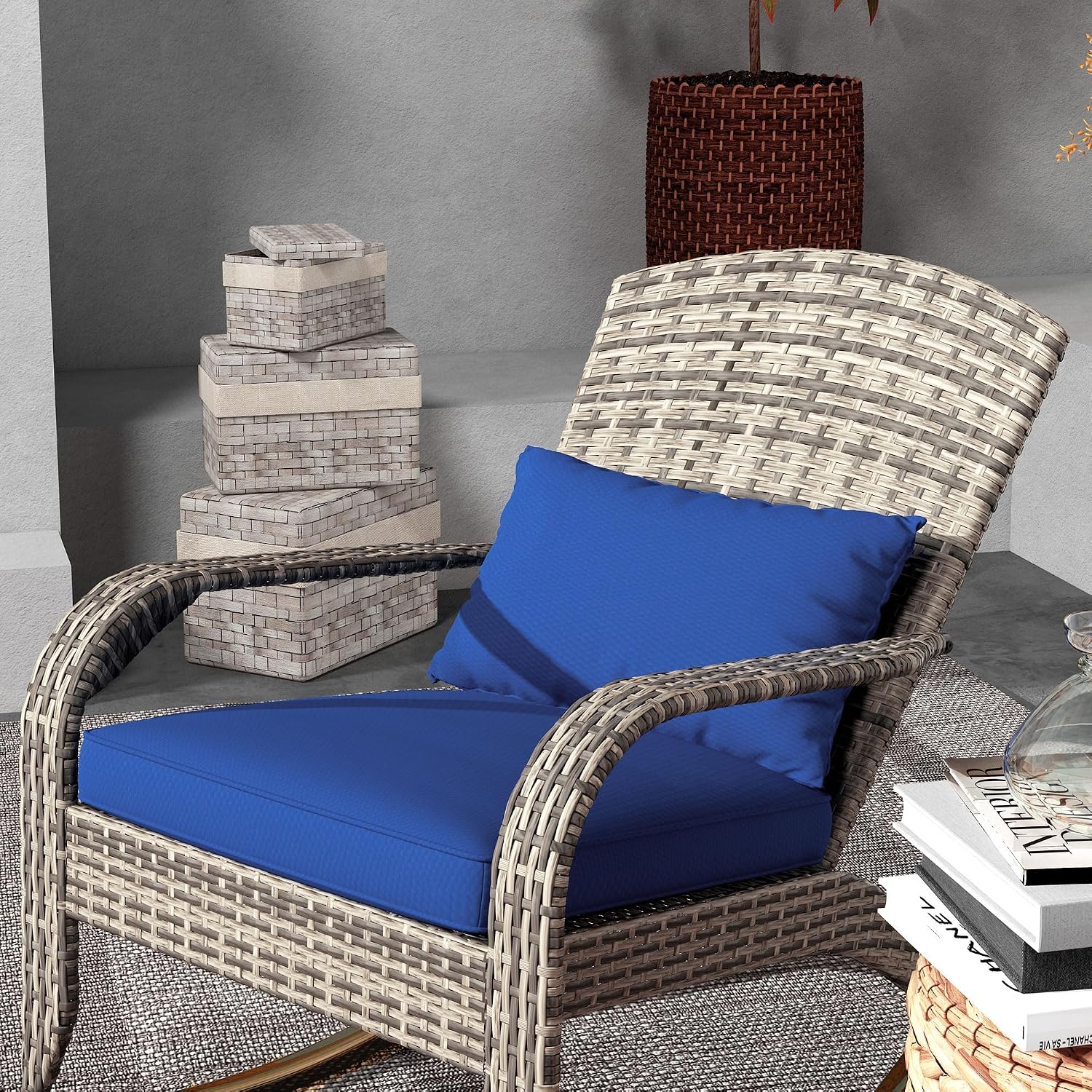 Outsunny Outdoor Wicker Adirondack Rocking Chair, Patio Rattan Rocker Chair with High Back, Seat Cushion, and Pillow for Garden, Porch, Balcony, Dark Blue