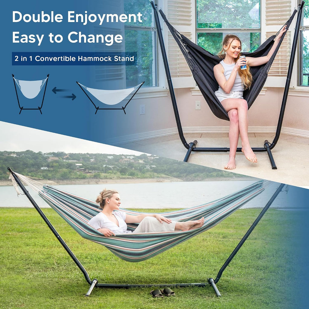 SUNCREAT 2-in-1 Convertible Backyard Fabric Hammock with Stand, Large Hammocks for Outside, Green & Orange