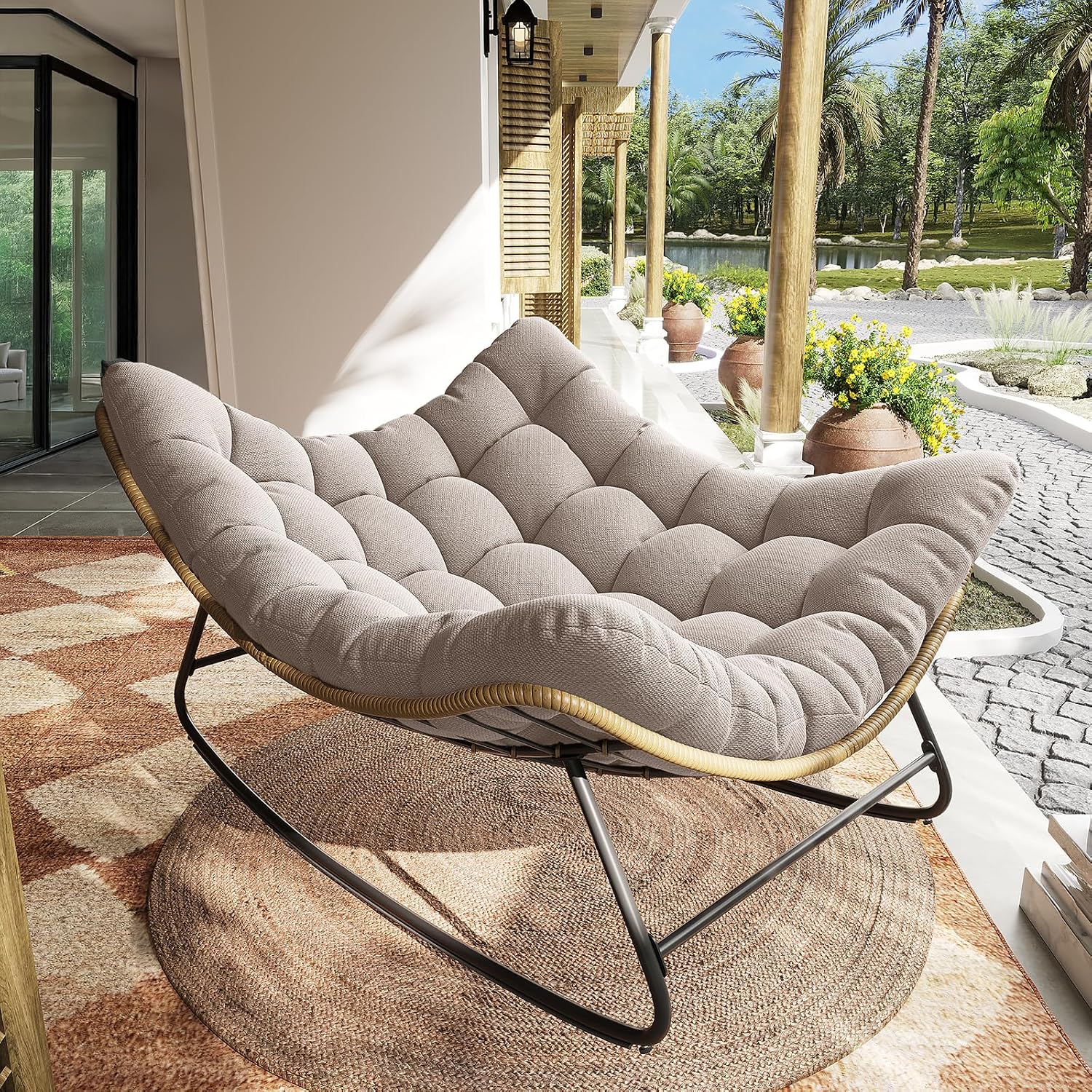 Outdoor Rocking Chair, Indoor Papasan Chair, Oversized Egg Rocking Chair with Thick Cushion, Rattan Wicker Rocker Lounge Chair for Bedroom, Living Room, Patio, Garden, Porch (Beige)