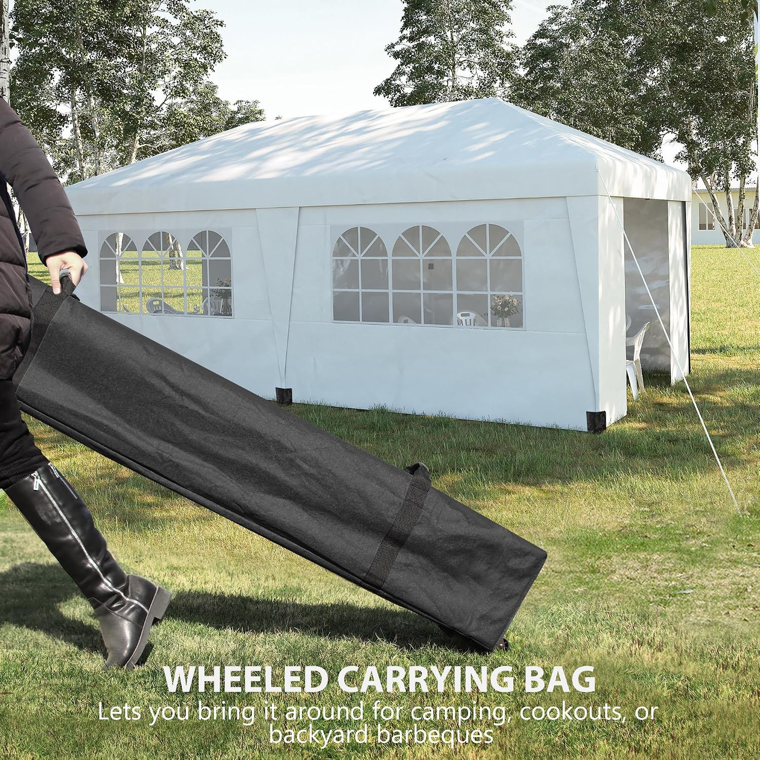 Outsunny 10' x 19.5' Pop Up Canopy with Sidewalls, UPF 30+ Height Adjustable Large Party Tent Event Shelter with Sandbags and Wheeled Carry Bag for Garden, Patio, White