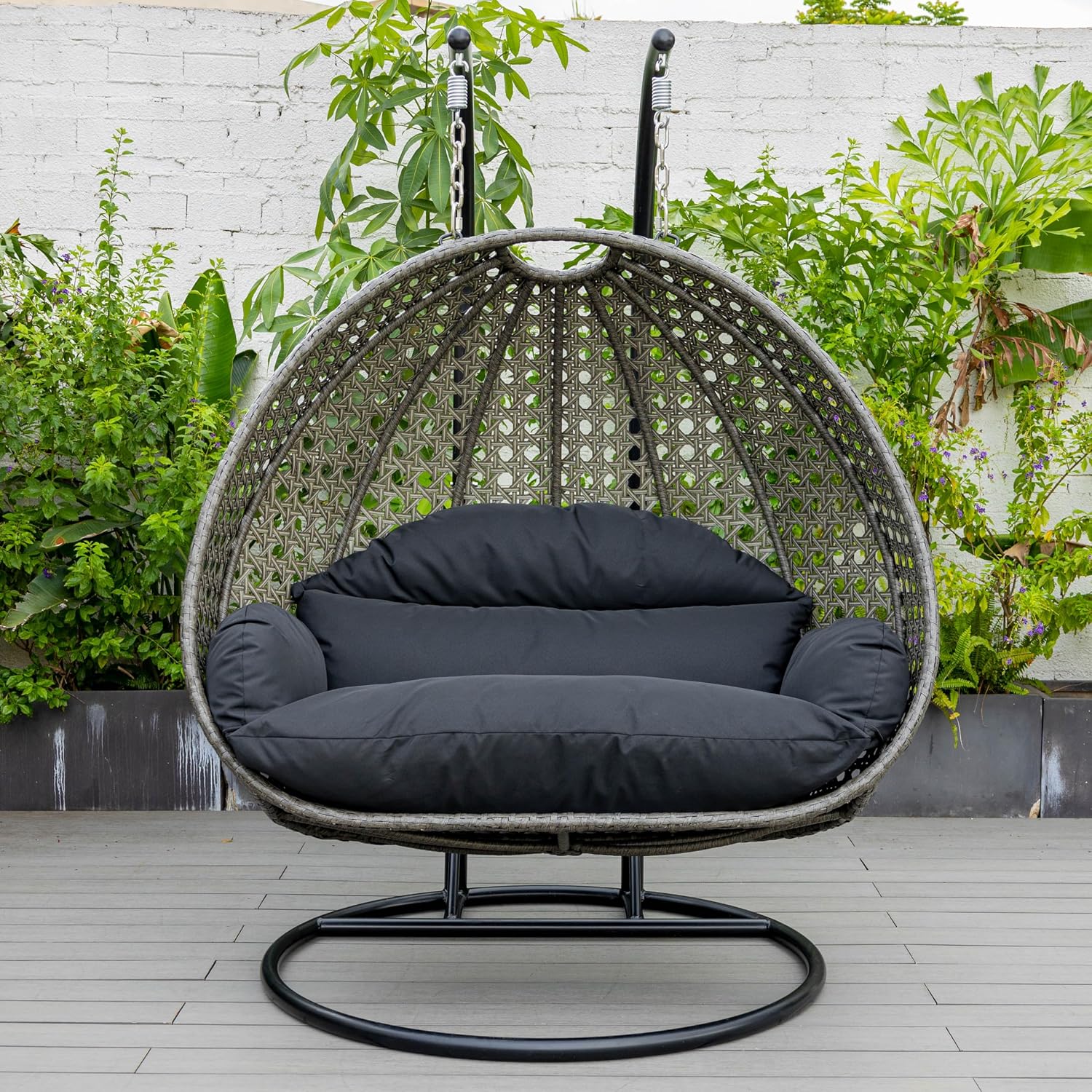LeisureMod 2 Person Wicker Hanging Egg Chair with Stand & UV-Resistant Cushions for Indoor/Outdoor, Patio, Lounge, Hammock Seat, Black