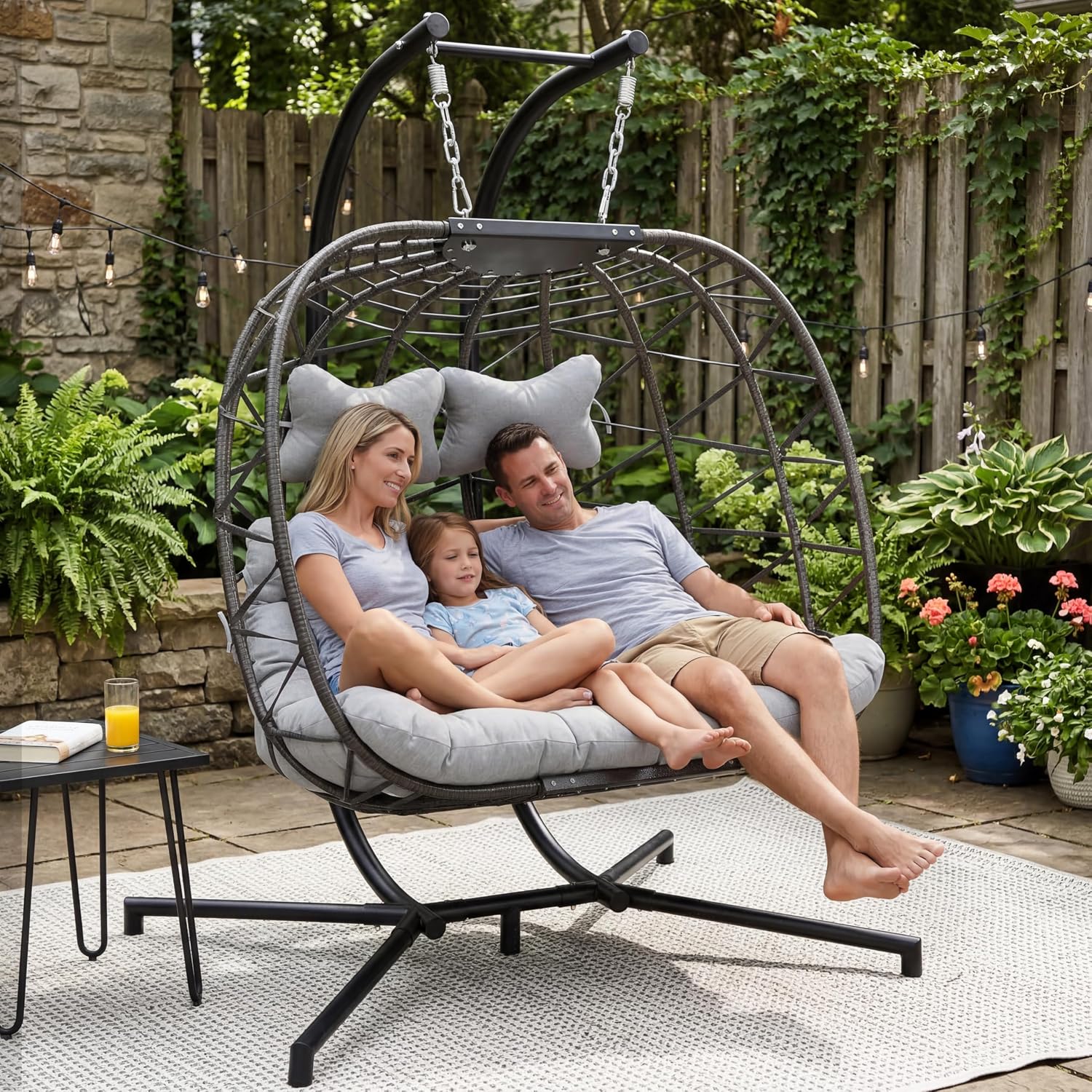 BULEXYARD Extra Large 2 Person Double Egg Swing with Stand and Cover, Heavy Duty Outdoor Wicker Hammock Loveseat, Oversized Comfy Cushion Chair for Garden Balcony Backyard Porch, Light Grey