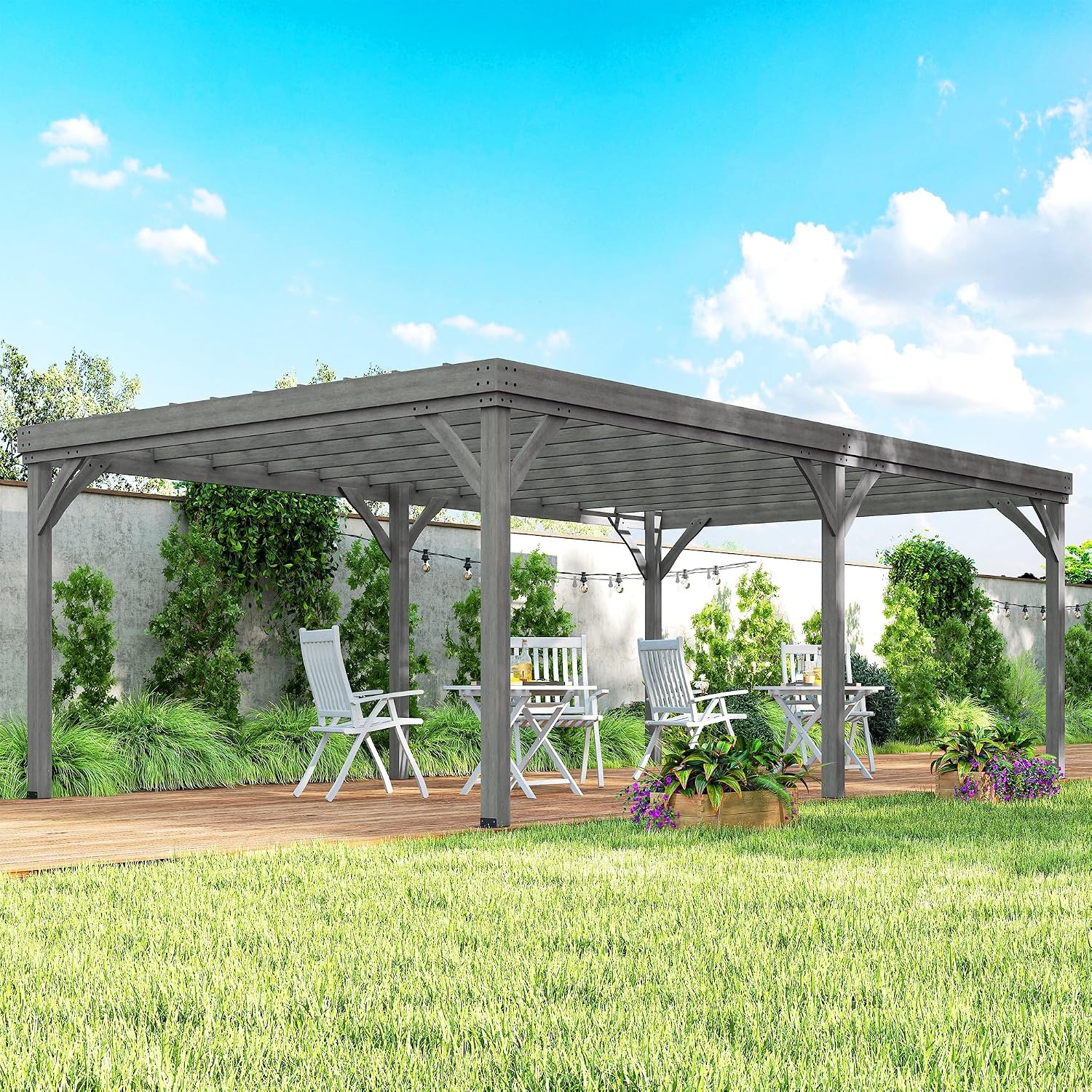 Outsunny 12' x 20' Outdoor Pergola, Wood Gazebo Grape Trellis with Concrete Anchors for Climbing Plant Support at Garden, Patio, Backyard, Deck, Gray