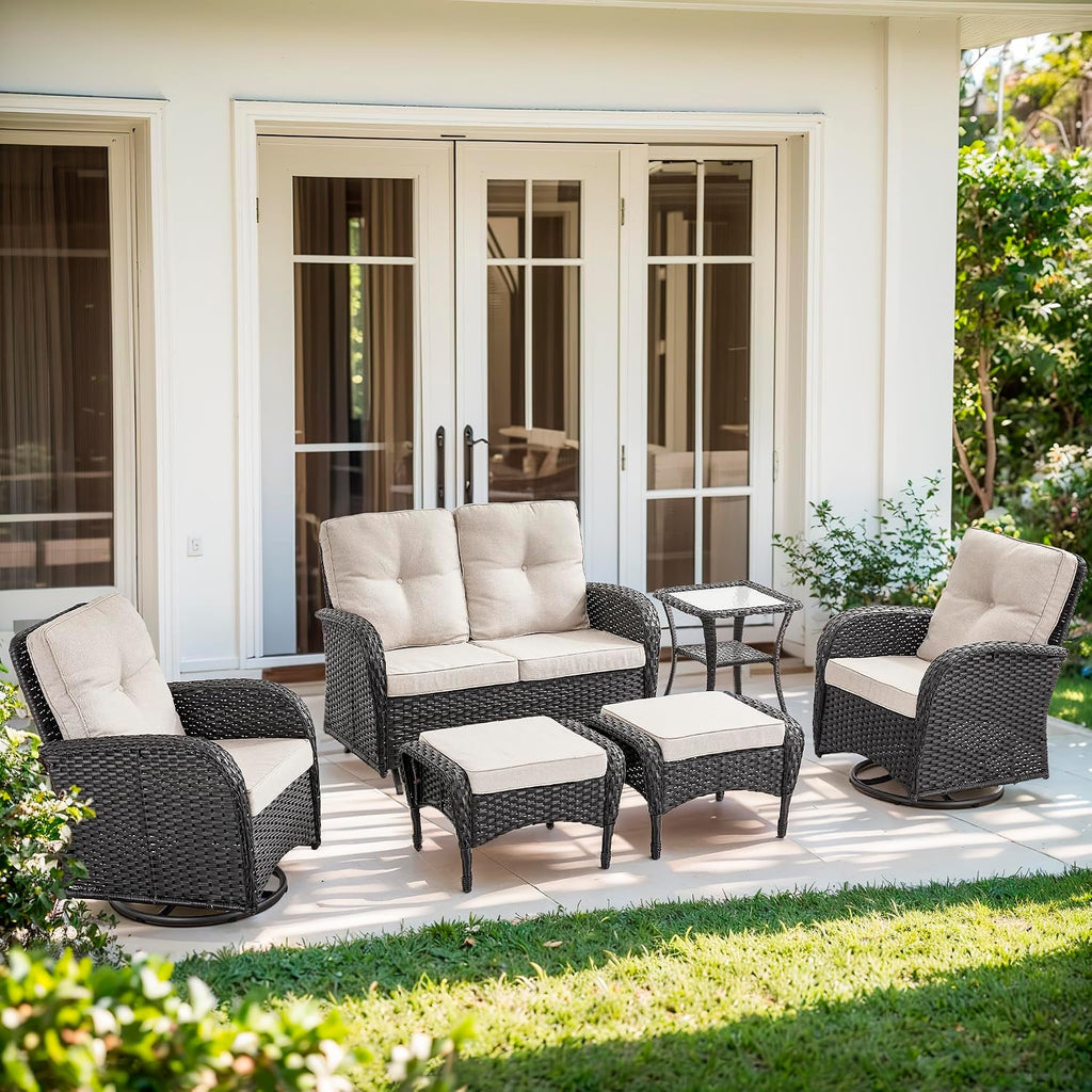 6 Piece Patio Furniture Set - Wicker Patio Conversation Set with Swivel Glider, Glider Loveseat, Tempered Glass Side Table and 2 Ottomans for Deck Backyard - Black Wicker Beige Cushion