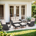 6 Piece Patio Furniture Set - Wicker Patio Conversation Set with Swivel Glider, Glider Loveseat, Tempered Glass Side Table and 2 Ottomans for Deck Backyard - Black Wicker Beige Cushion