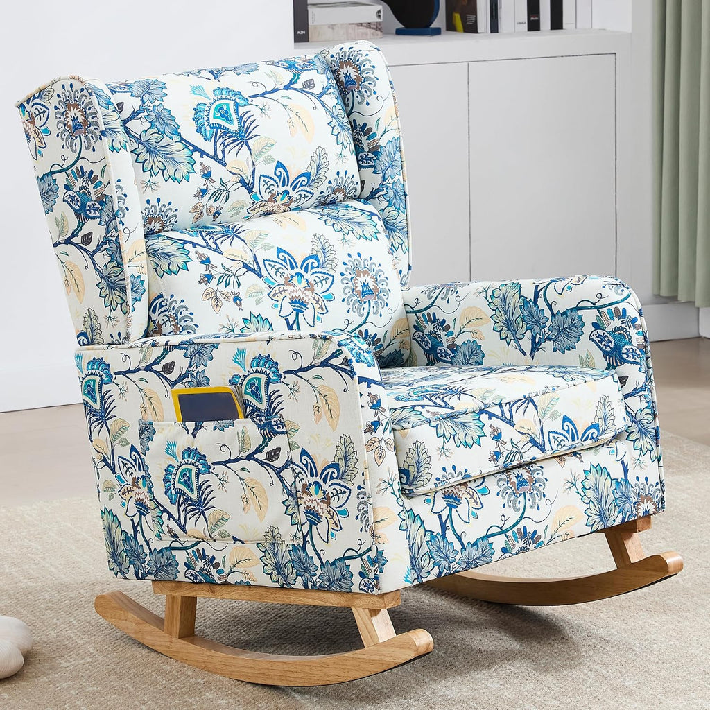 HCHAIRH Nursery Rocking Chairs, Rocking Chair Nursery for Mom Nursery Rocker with High Backrest and Solid Wood Legs, Modern Wingback Accent Chair for Reading Living Room Bedroom, Blue Floral