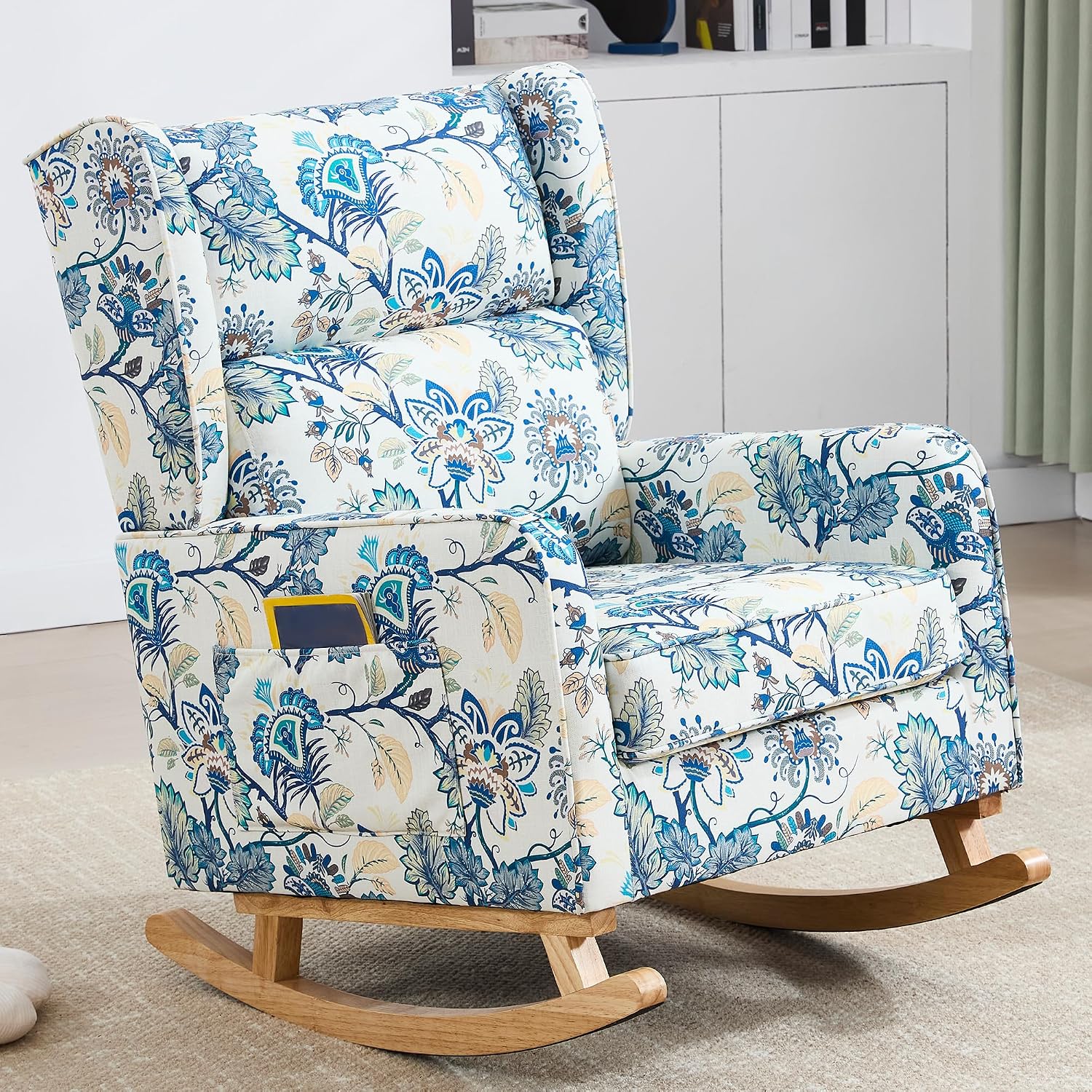 HCHAIRH Nursery Rocking Chairs, Rocking Chair Nursery for Mom Nursery Rocker with High Backrest and Solid Wood Legs, Modern Wingback Accent Chair for Reading Living Room Bedroom, Blue Floral